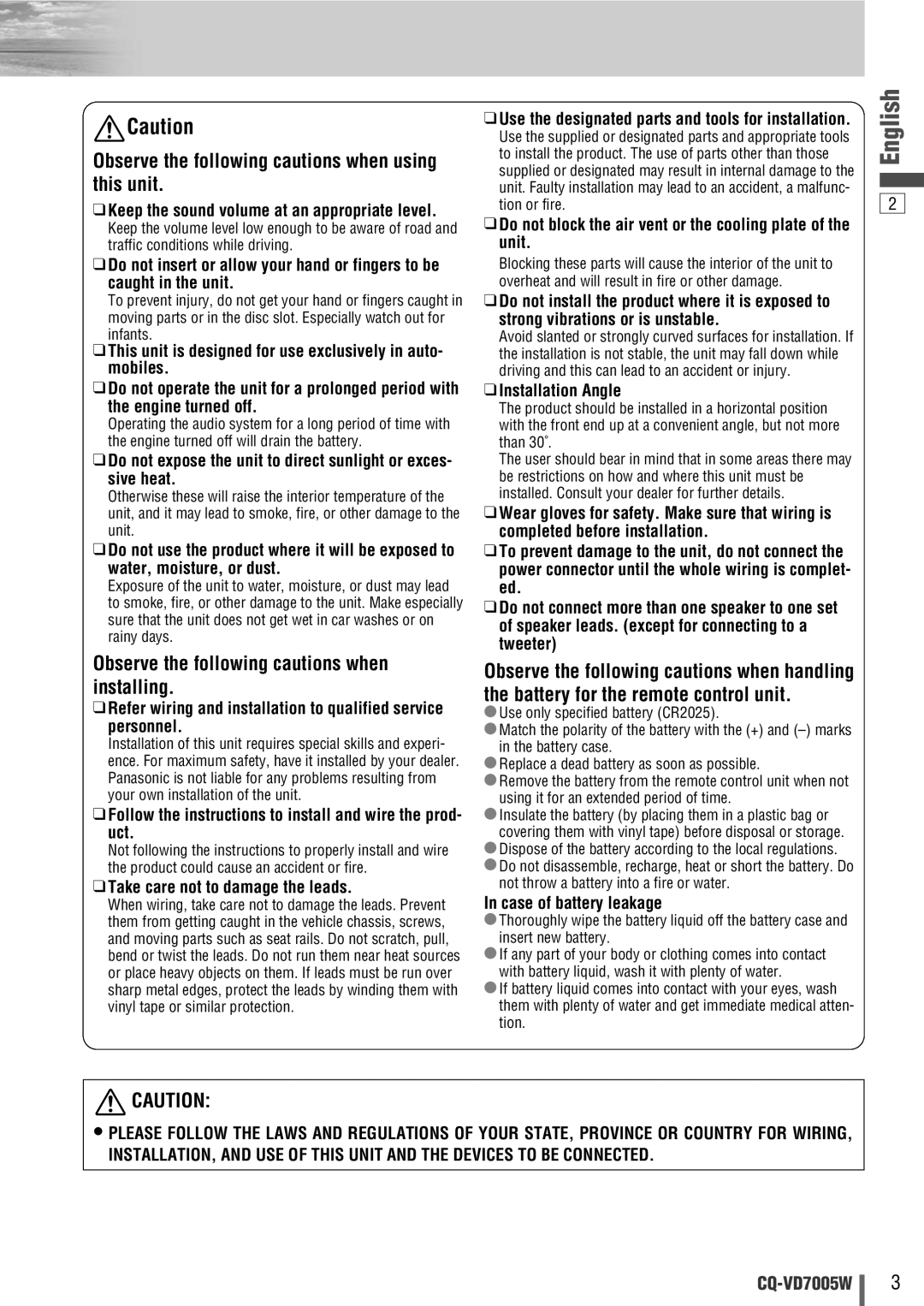 Panasonic CQ-VA7005W manual Observe the following cautions when using this unit 