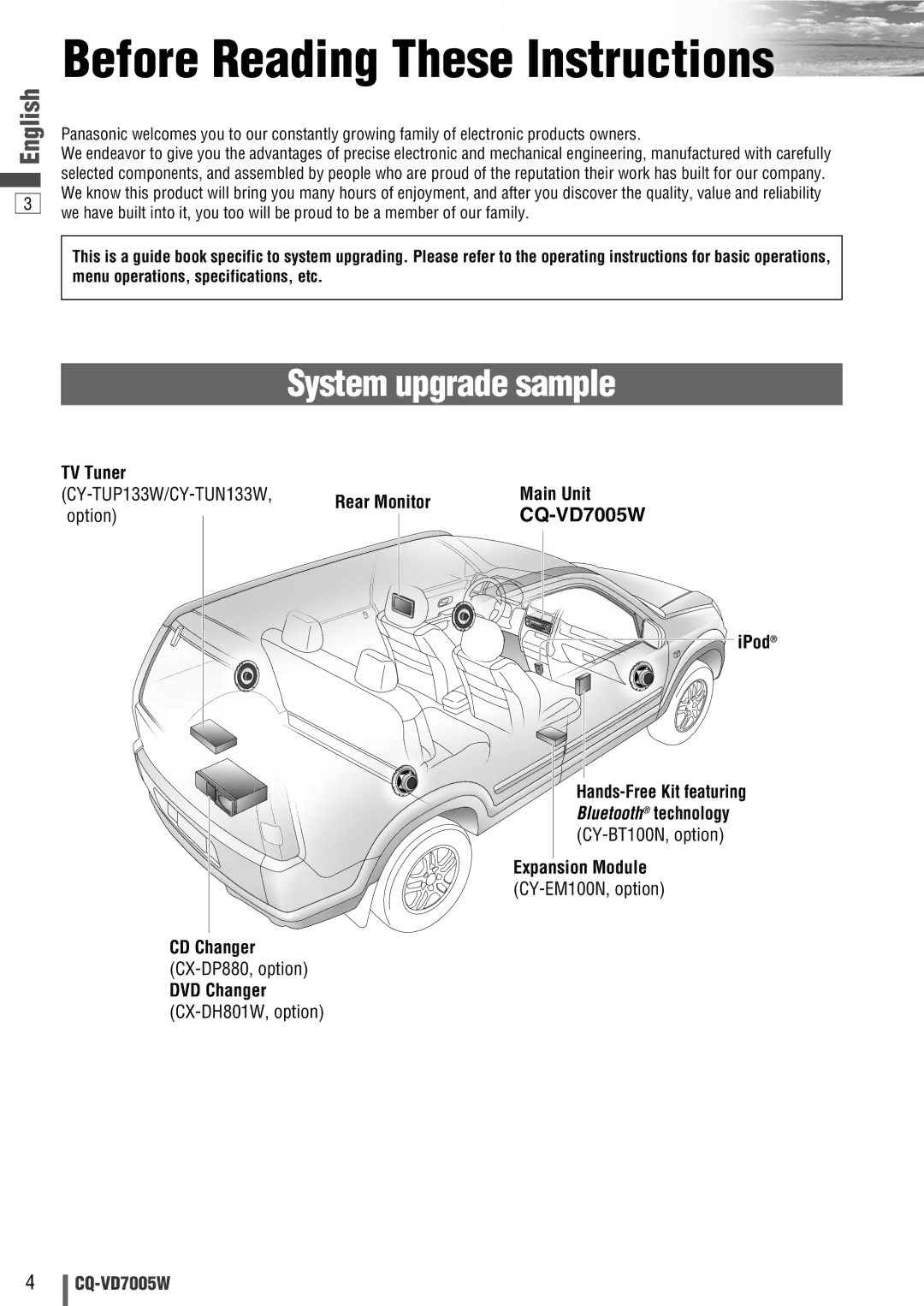 Panasonic CQ-VA7005W manual System upgrade sample, TV Tuner Main Unit, Rear Monitor, Option, CY-TUP133W/CY-TUN133W 