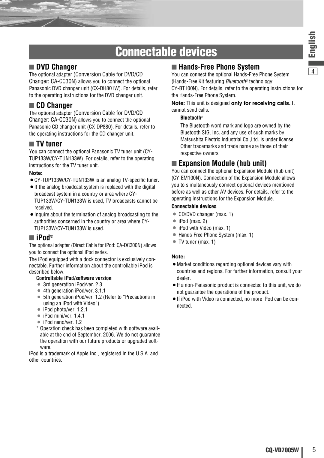 Panasonic CQ-VA7005W manual Connectable devices 