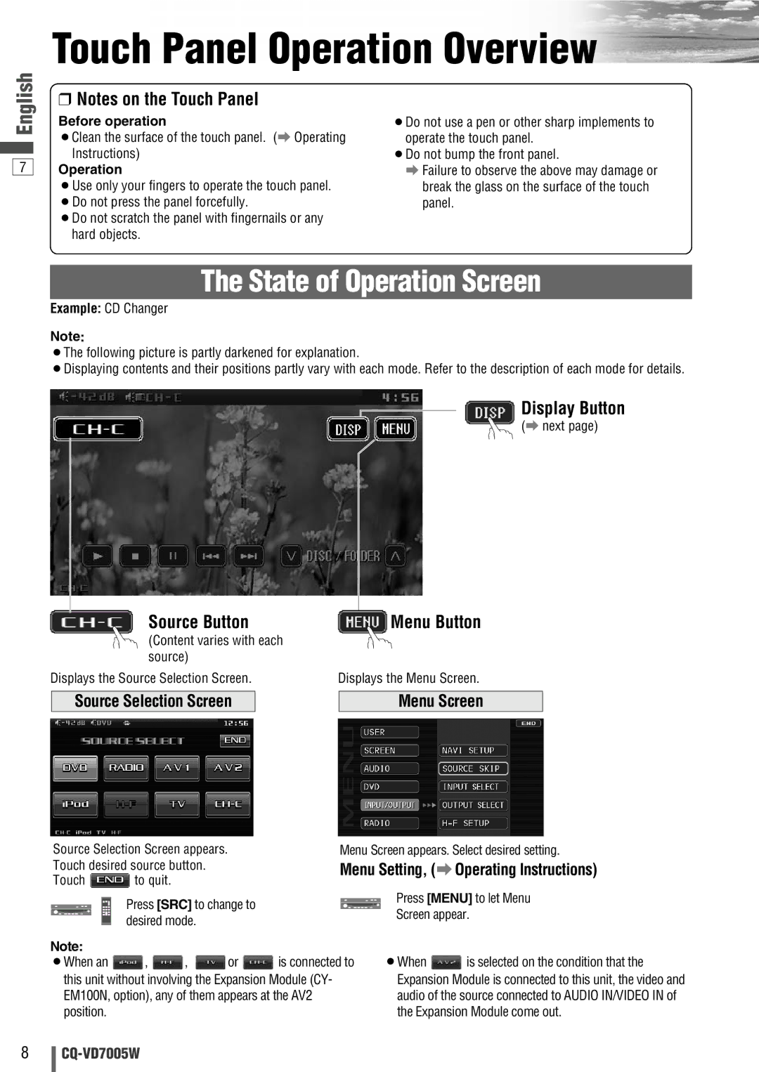 Panasonic CQ-VA7005W manual Source Selection Screen Menu Screen, Menu Setting, a Operating Instructions, Menu Button 