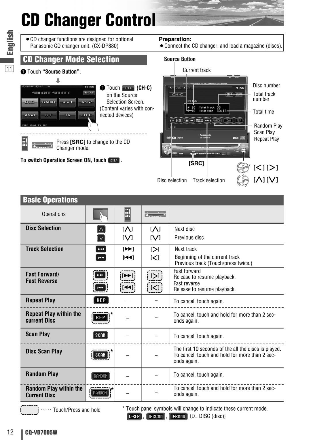 Panasonic CQ-VA7005W manual CD Changer Control, Disc Selection, Track Selection, Current Disc, Disc Scan Play 