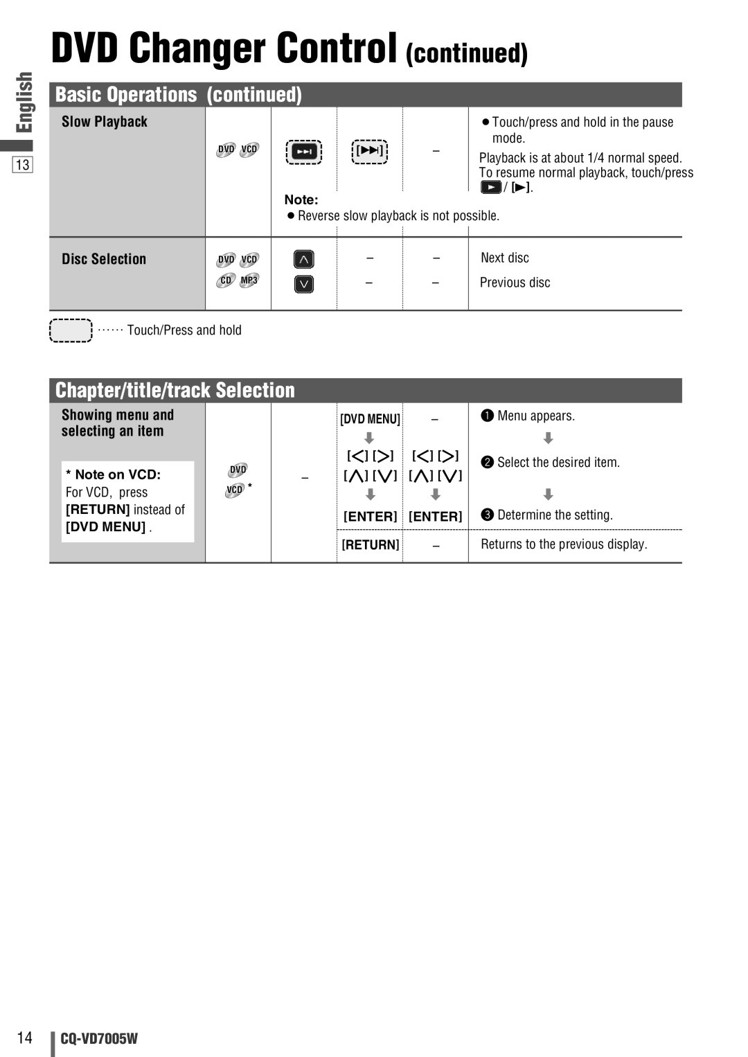 Panasonic CQ-VA7005W Chapter/title/track Selection, ¡Touch/press and hold in the pause, Next disc, Enter Enter Return 