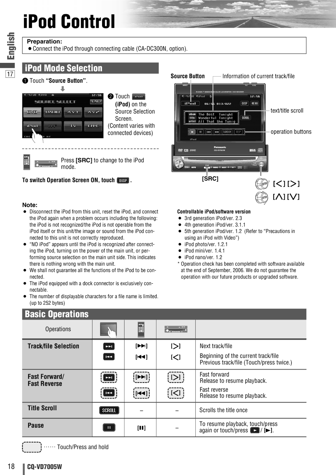 Panasonic CQ-VA7005W manual IPod Control, IPod Mode Selection, Title Scroll, Fast reverse Release to resume playback 