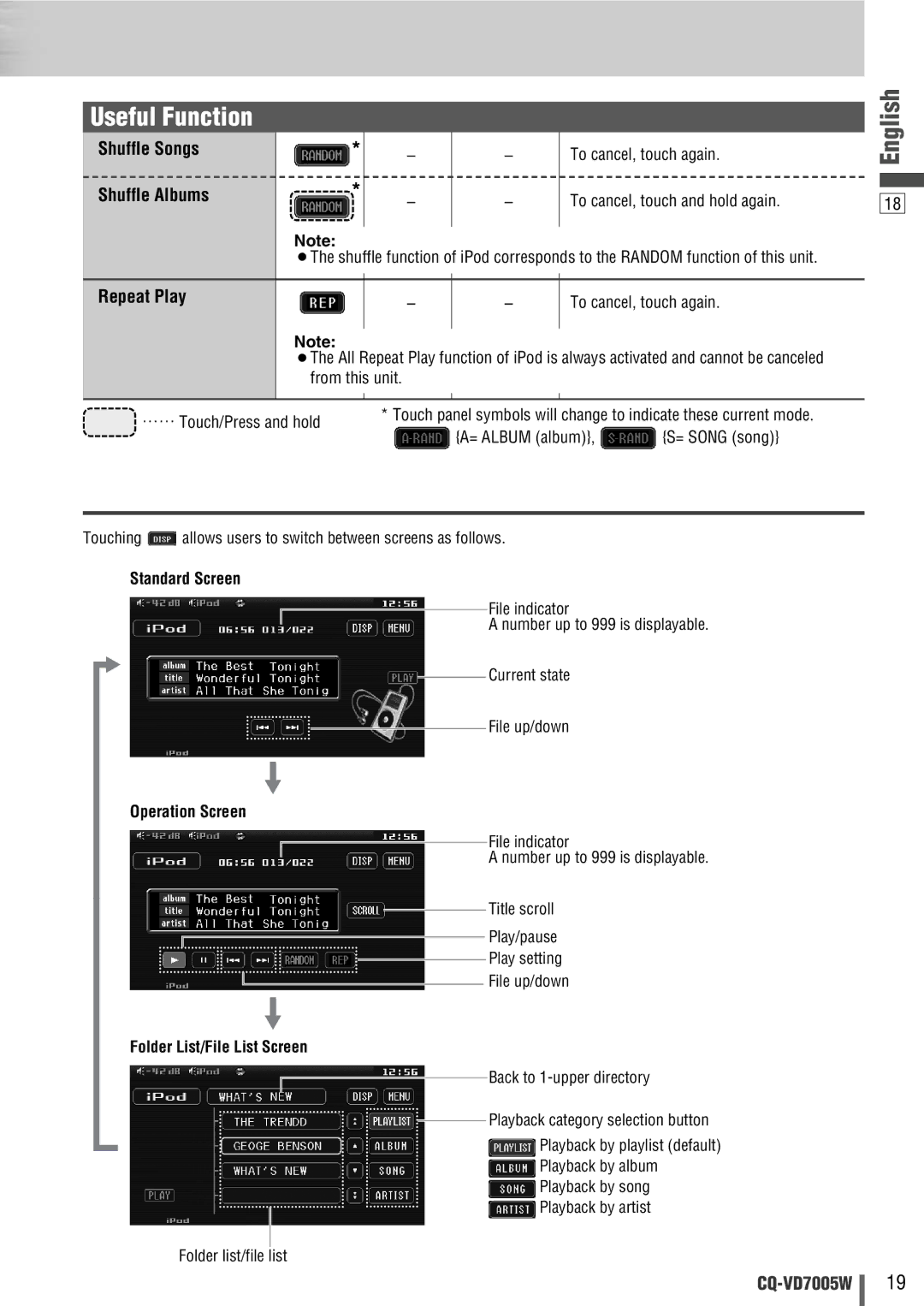 Panasonic CQ-VA7005W manual Shuffle Songs, Shuffle Albums, Standard Screen, Operation Screen, Folder List/File List Screen 