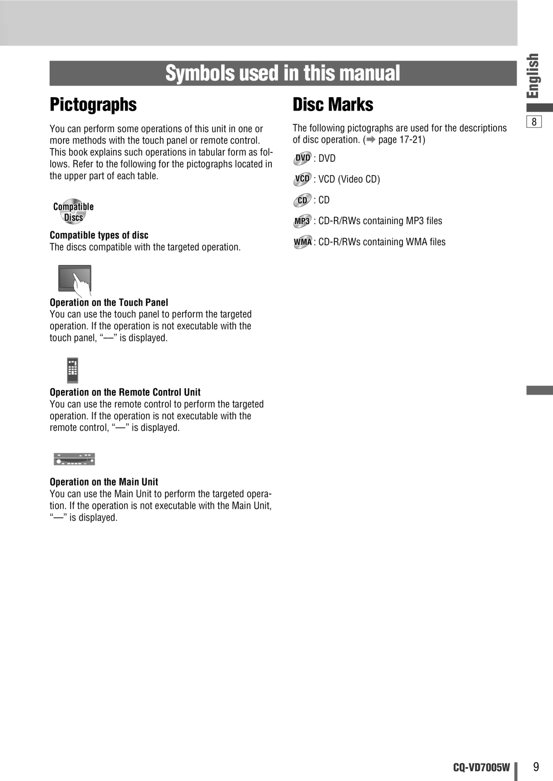 Panasonic CQ-VA7005W Symbols used in this manual, Pictographs, Disc Marks 