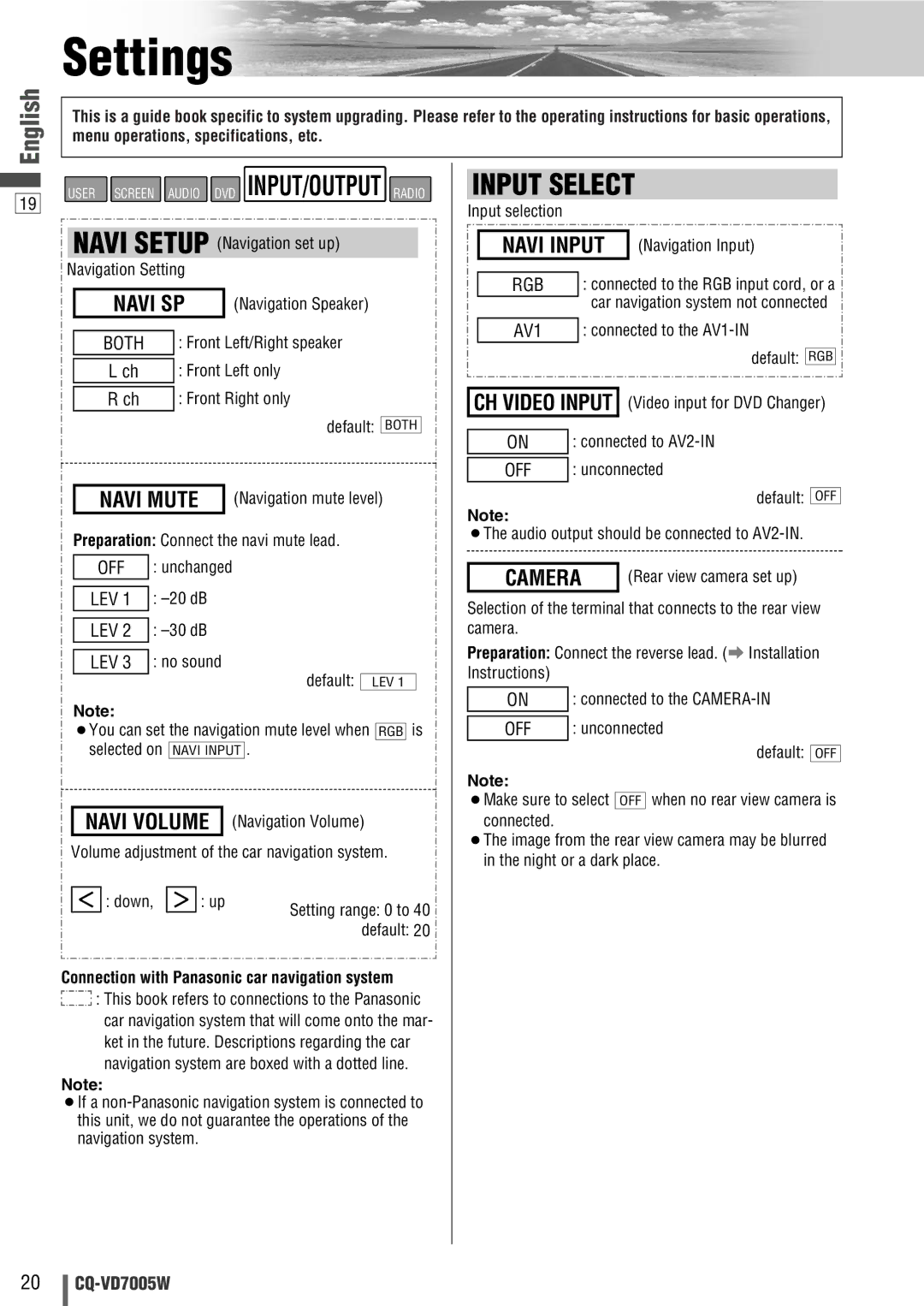 Panasonic CQ-VA7005W manual DVD INPUT/OUTPUT Radio, Camera, Connection with Panasonic car navigation system 