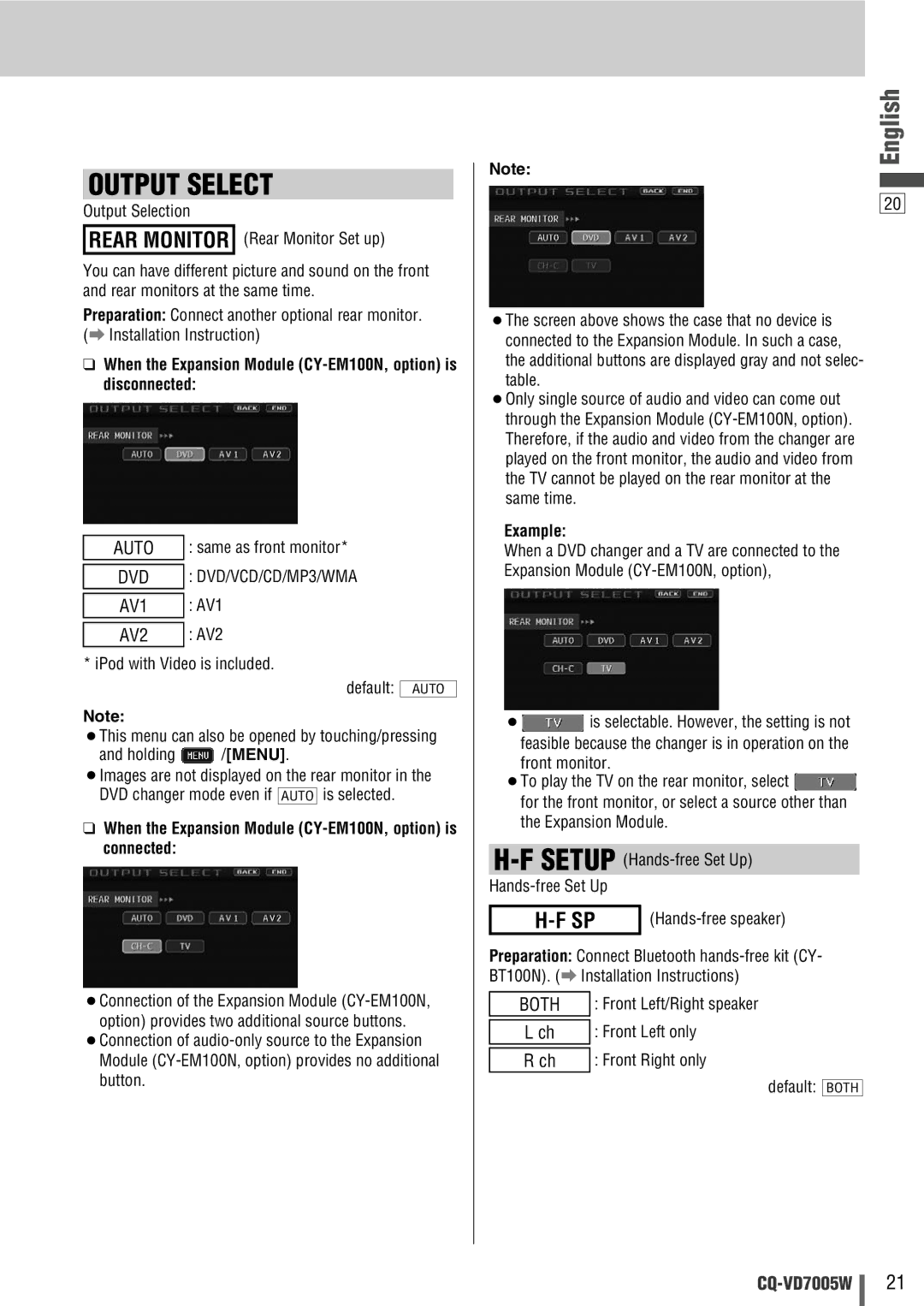 Panasonic CQ-VA7005W manual When the Expansion Module CY-EM100N, option is disconnected, AV1, AV2, Default Both 