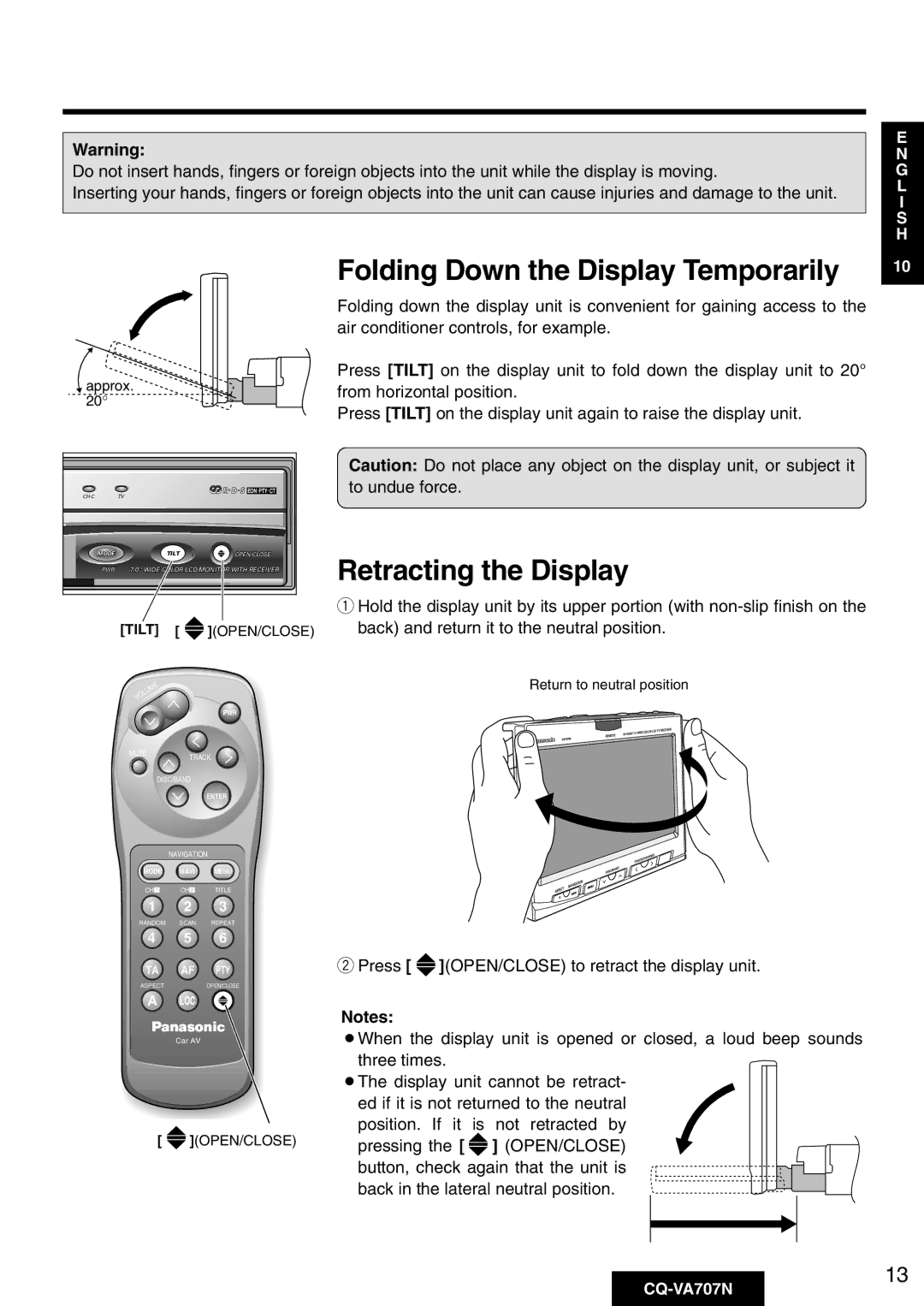 Panasonic CQ-VA707N operating instructions Folding Down the Display Temporarily, Retracting the Display 