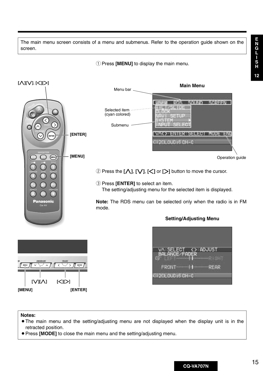 Panasonic CQ-VA707N operating instructions Main Menu, Setting/Adjusting Menu 