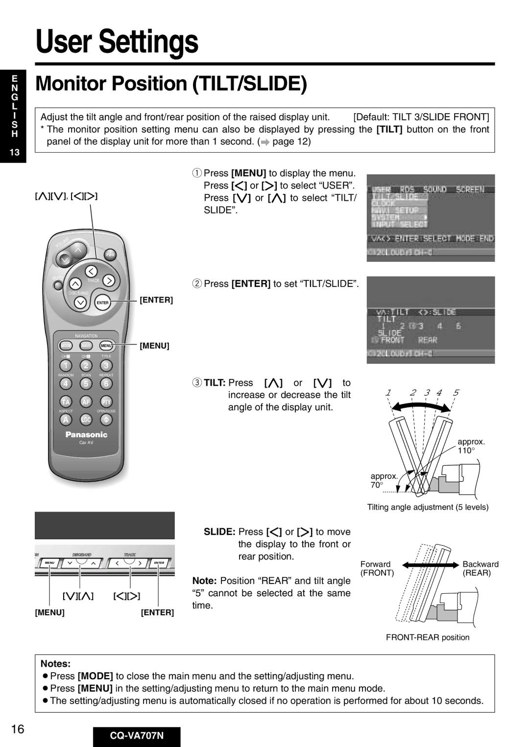 Panasonic CQ-VA707N operating instructions User Settings, Monitor Position TILT/SLIDE, Slide, Tilt Press or to 