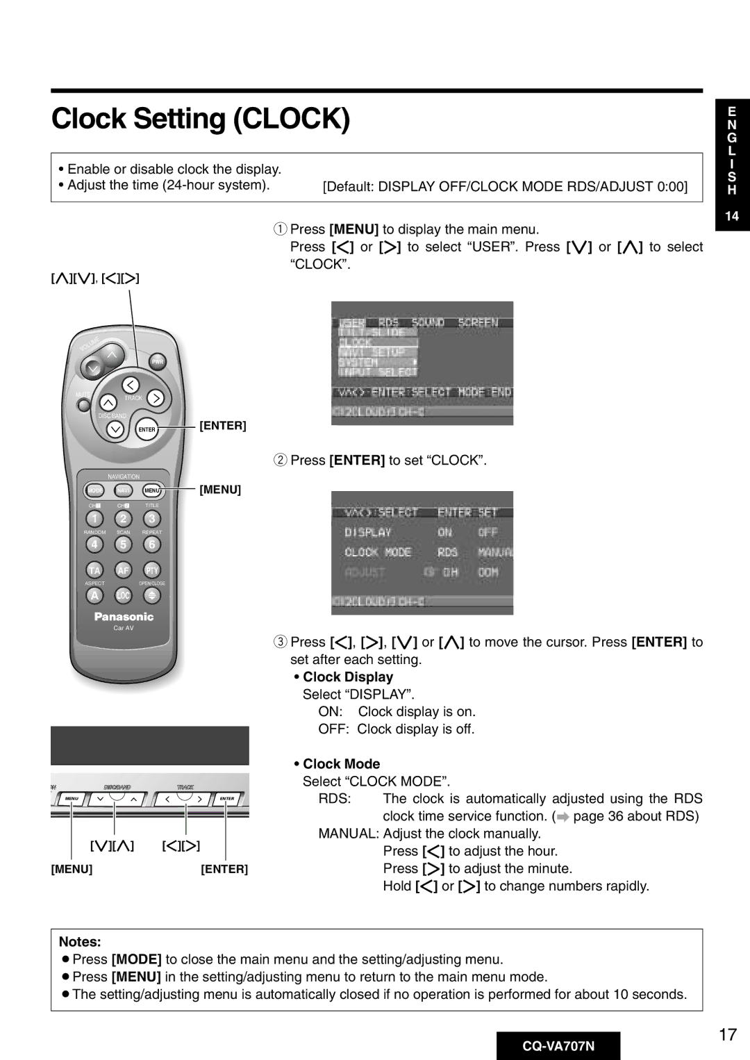 Panasonic CQ-VA707N Clock Setting Clock, Clock Display Select Display, On Clock display is on OFF Clock display is off 