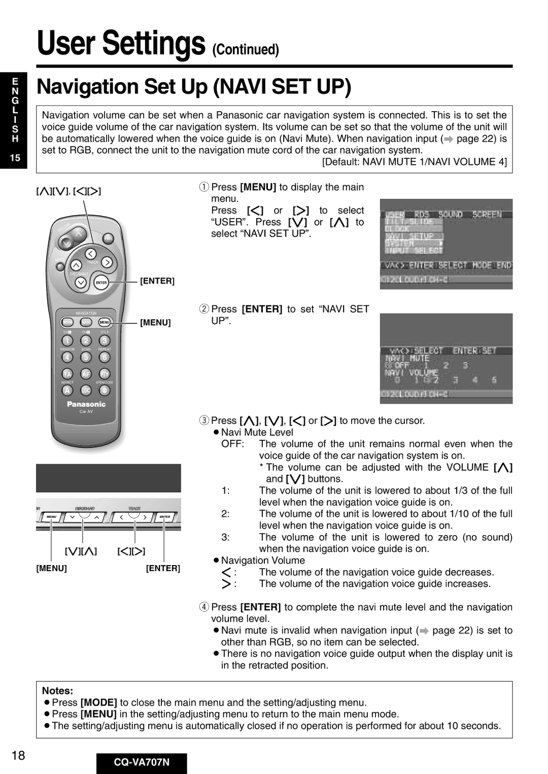 Panasonic CQ-VA707N operating instructions Navigation Set Up Navi SET UP 