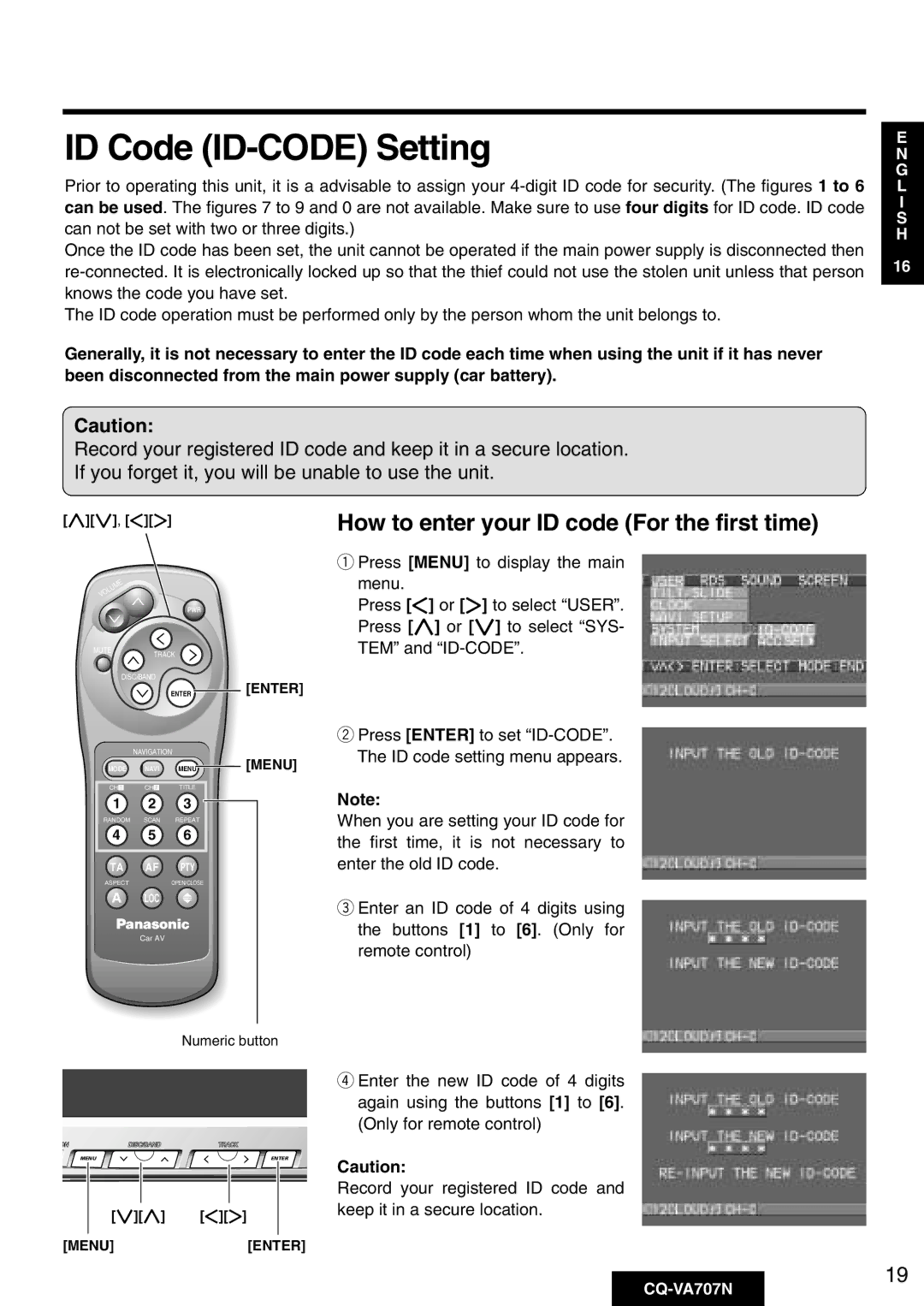 Panasonic CQ-VA707N operating instructions ID Code ID-CODE Setting, How to enter your ID code For the first time 