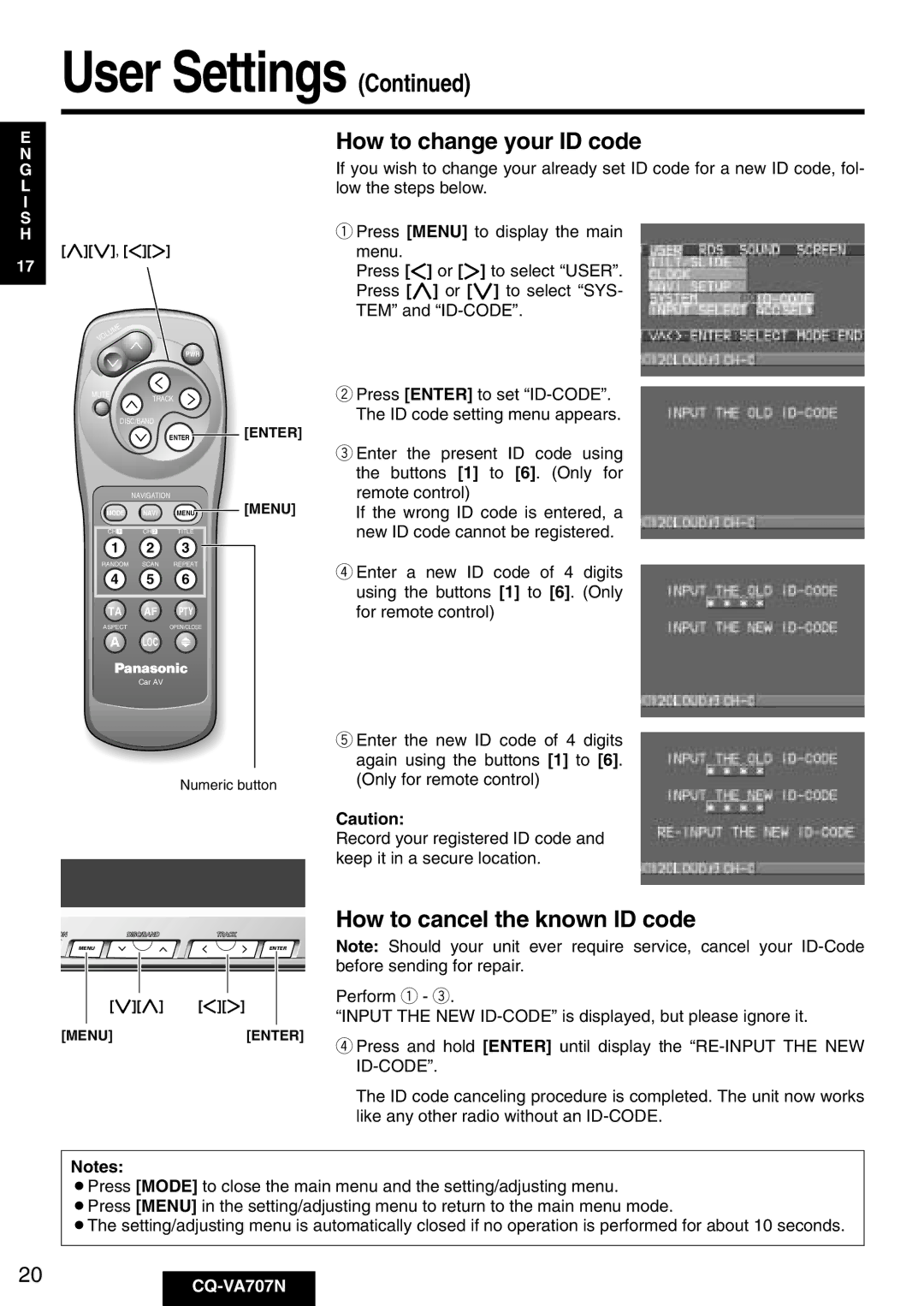 Panasonic CQ-VA707N operating instructions How to change your ID code 