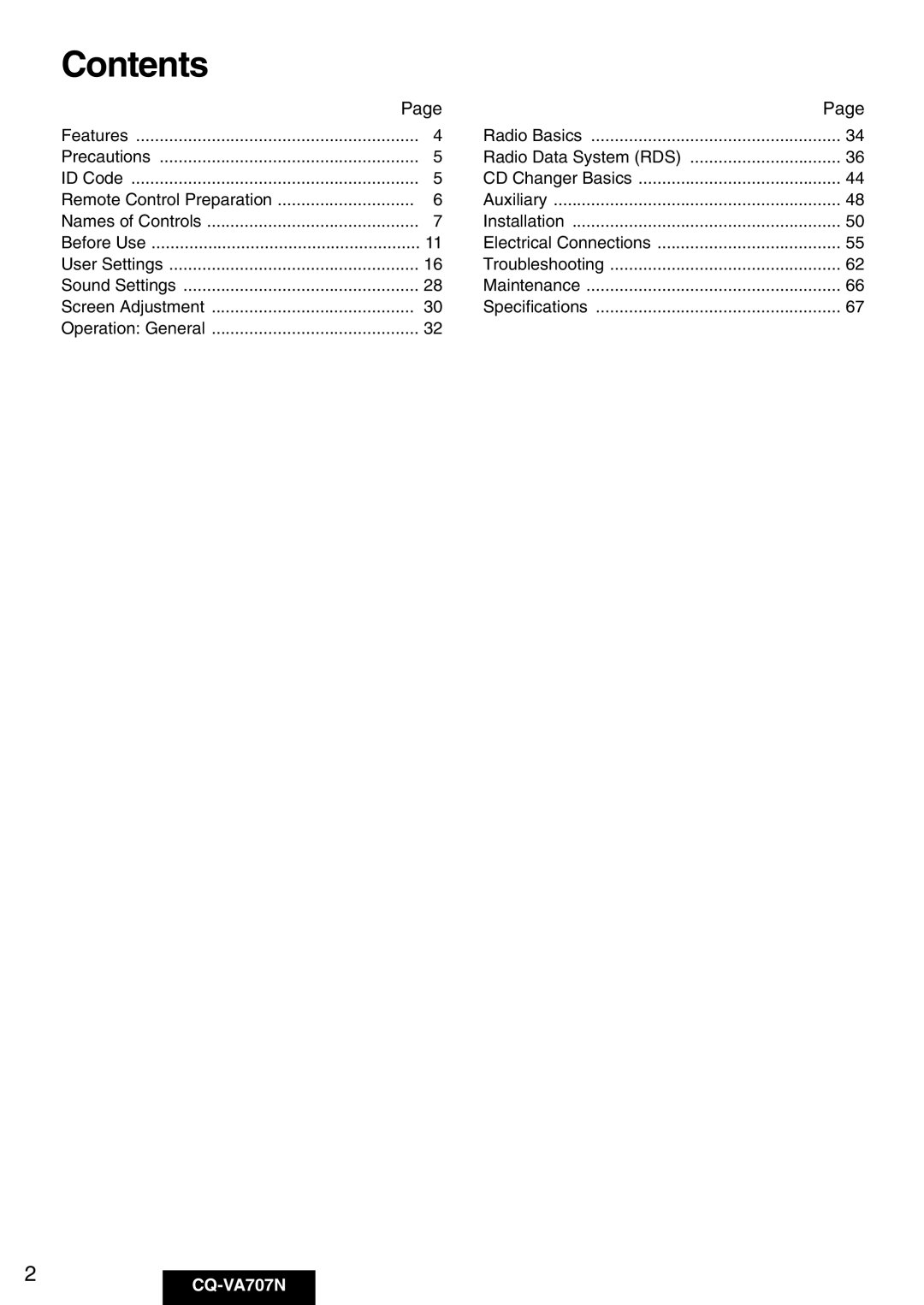 Panasonic CQ-VA707N operating instructions Contents 