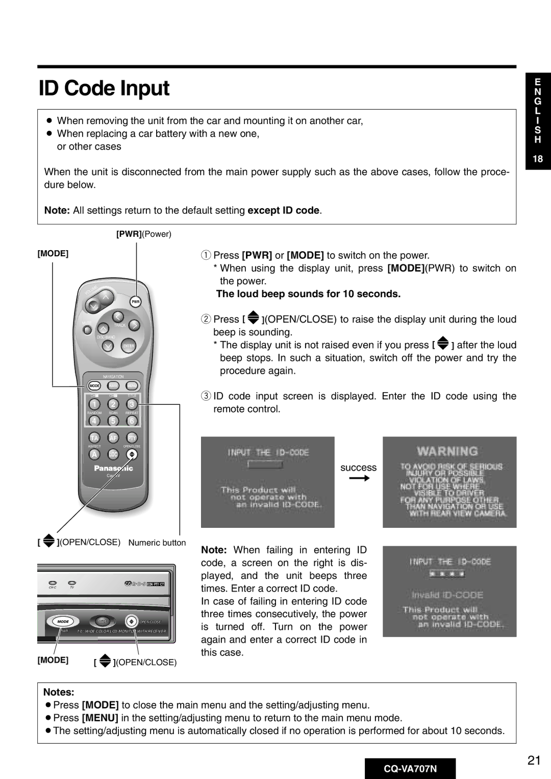 Panasonic CQ-VA707N operating instructions ID Code Input, Loud beep sounds for 10 seconds 