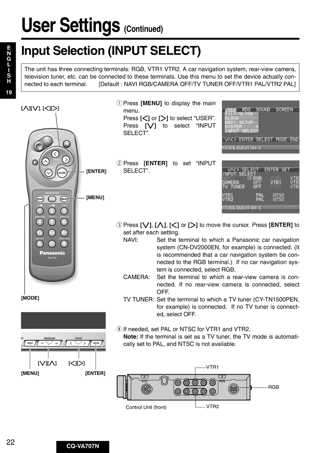 Panasonic CQ-VA707N operating instructions Input Selection Input Select, Navi, Camera, Off 