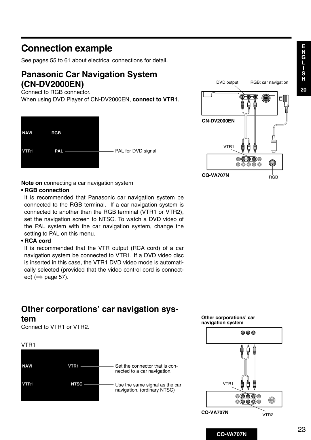 Panasonic CQ-VA707N Connection example, Panasonic Car Navigation System CN-DV2000EN, RGB connection, RCA cord 