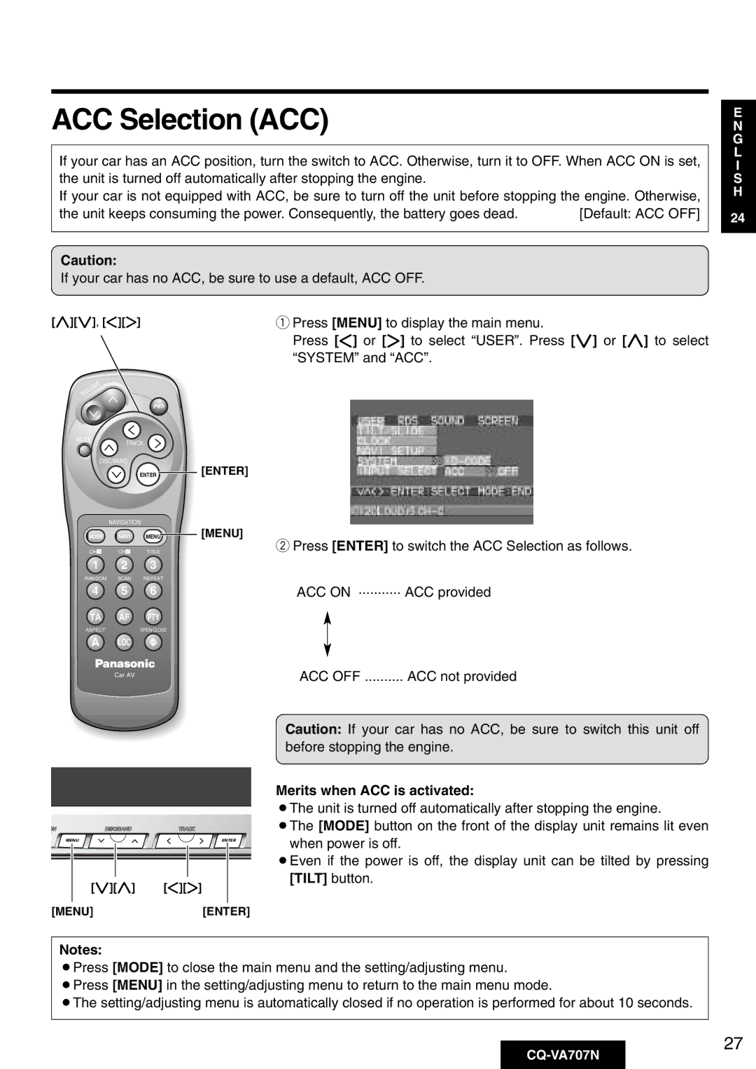 Panasonic CQ-VA707N operating instructions ACC Selection ACC, If your car has no ACC, be sure to use a default, ACC OFF 