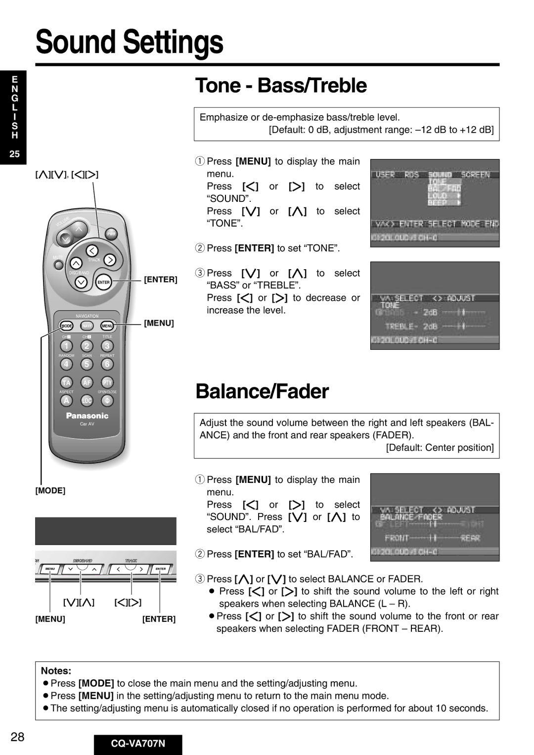 Panasonic CQ-VA707N operating instructions Sound Settings, Tone Bass/Treble, Balance/Fader 