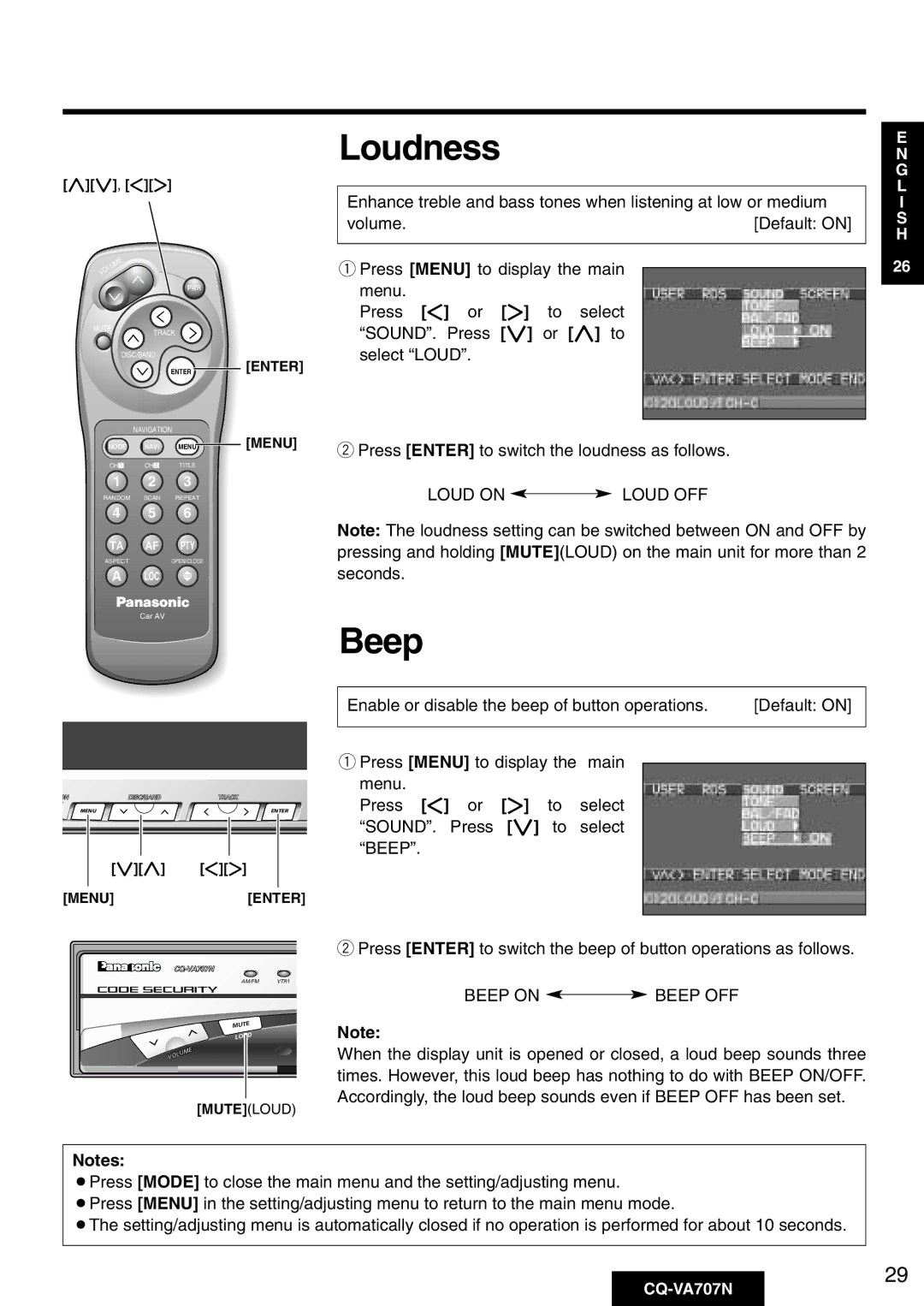 Panasonic CQ-VA707N operating instructions Loudness, Beep, Menu, Press or to select, SOUND. Press or to 