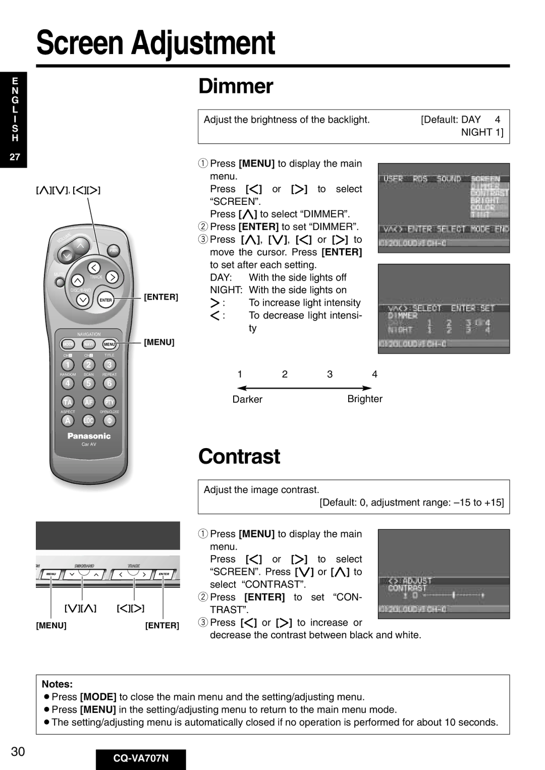 Panasonic CQ-VA707N operating instructions Screen Adjustment, Dimmer, Contrast 