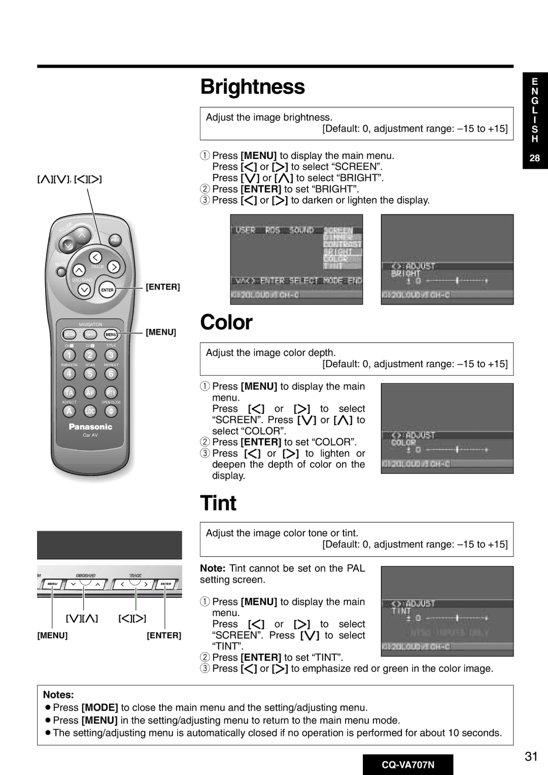 Panasonic CQ-VA707N operating instructions Brightness, Color, Tint 