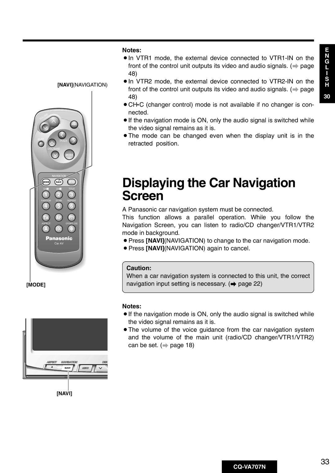 Panasonic CQ-VA707N operating instructions Displaying the Car Navigation Screen 