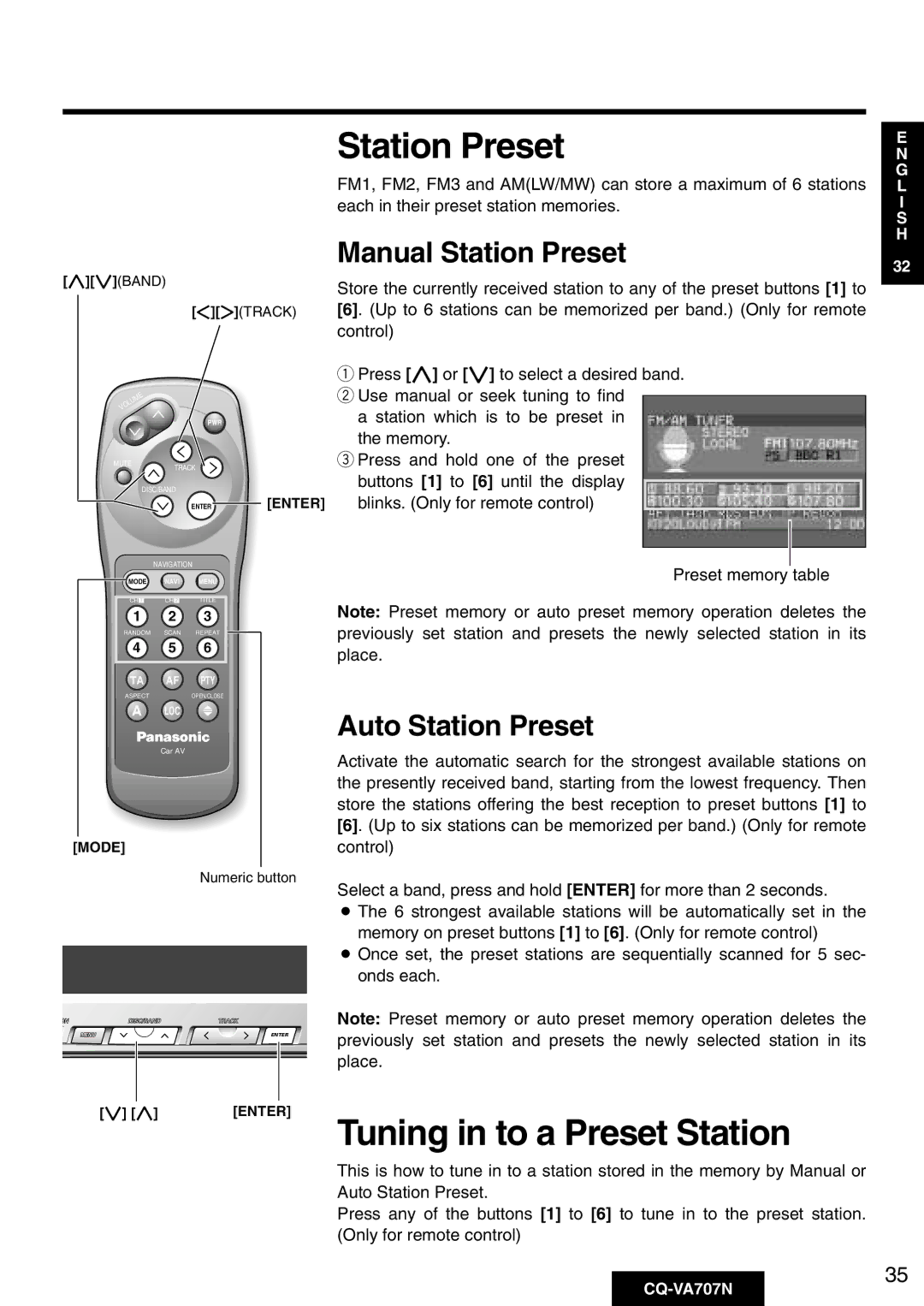 Panasonic CQ-VA707N operating instructions Tuning in to a Preset Station, Manual Station Preset, Auto Station Preset 