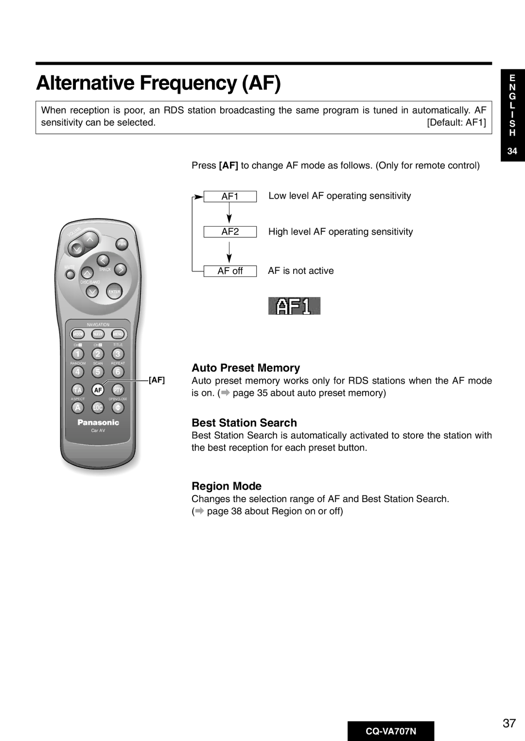 Panasonic CQ-VA707N operating instructions Alternative Frequency AF, AF1 