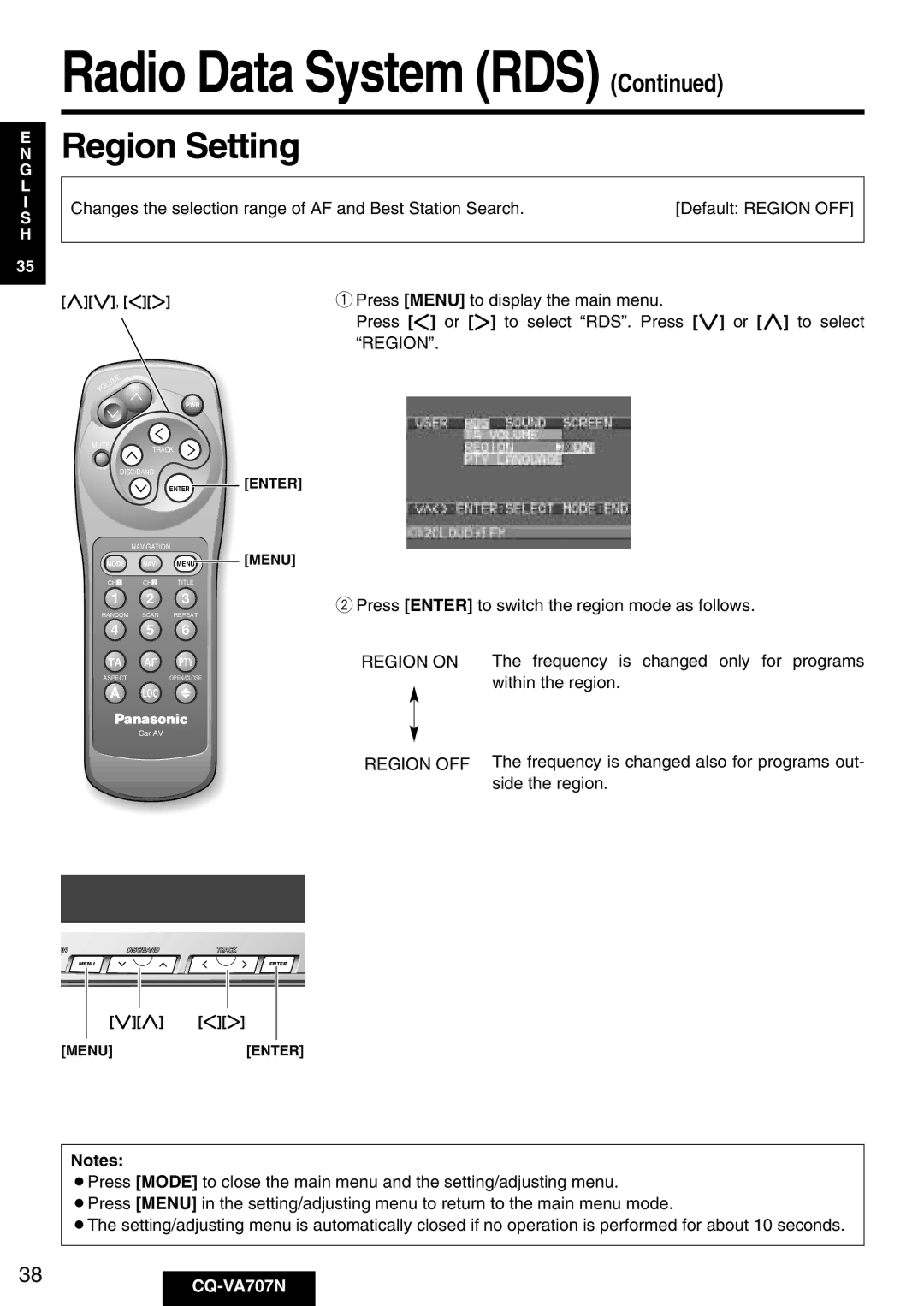 Panasonic CQ-VA707N operating instructions Region Setting, Region on Region OFF 