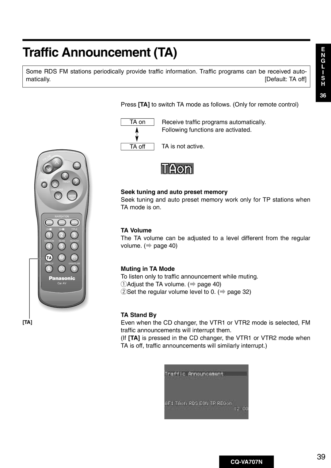 Panasonic CQ-VA707N Traffic Announcement TA, Seek tuning and auto preset memory, TA Volume, Muting in TA Mode, TA Stand By 