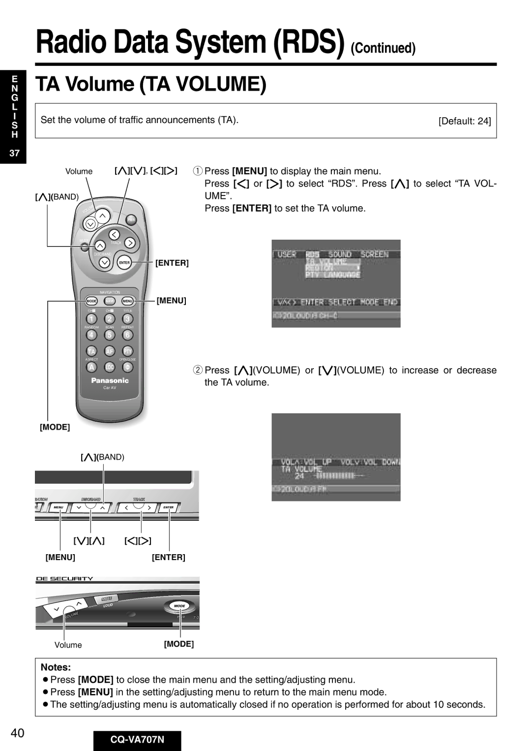 Panasonic CQ-VA707N operating instructions TA Volume TA Volume, Ume 