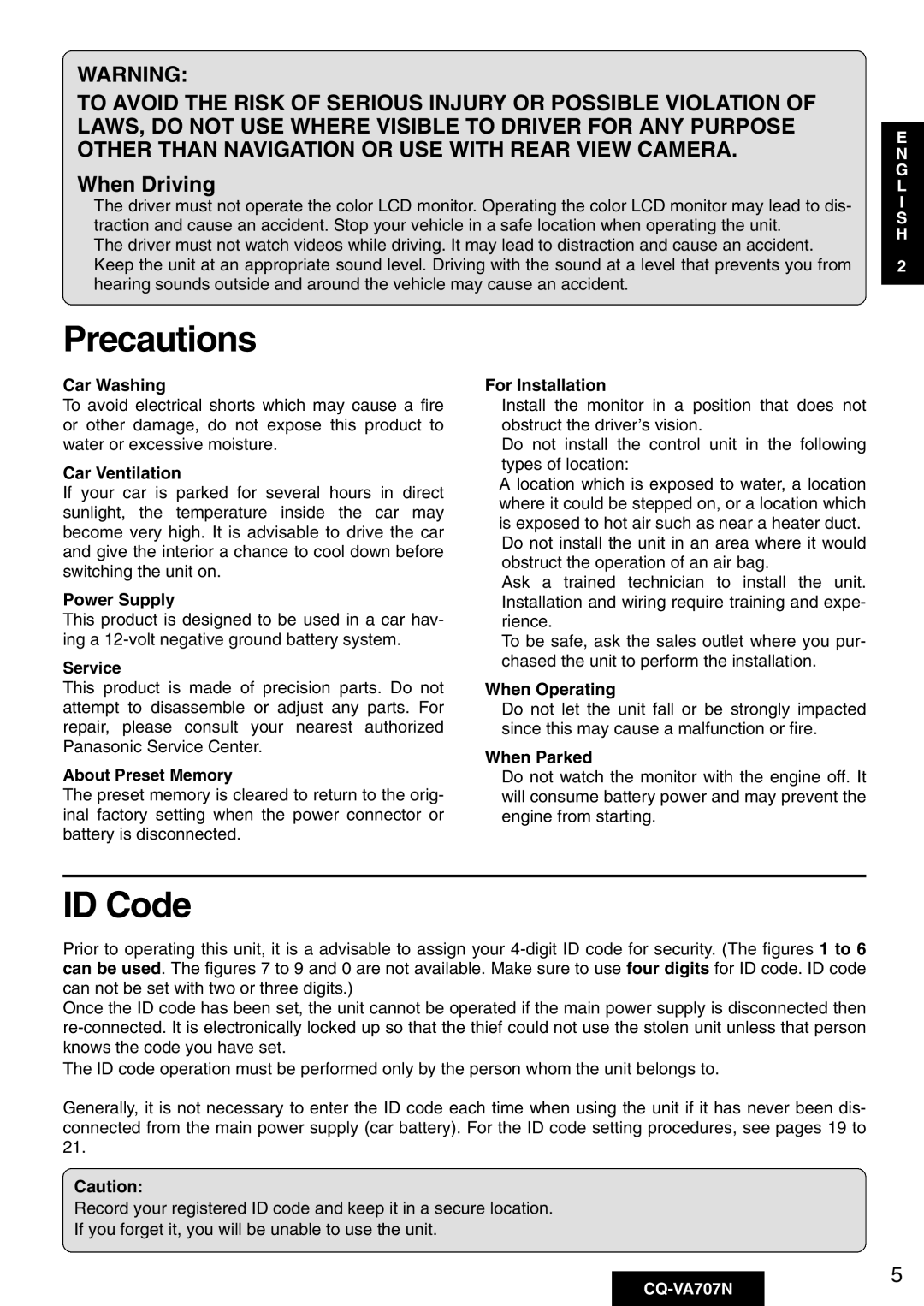 Panasonic CQ-VA707N operating instructions Precautions, ID Code, When Driving 