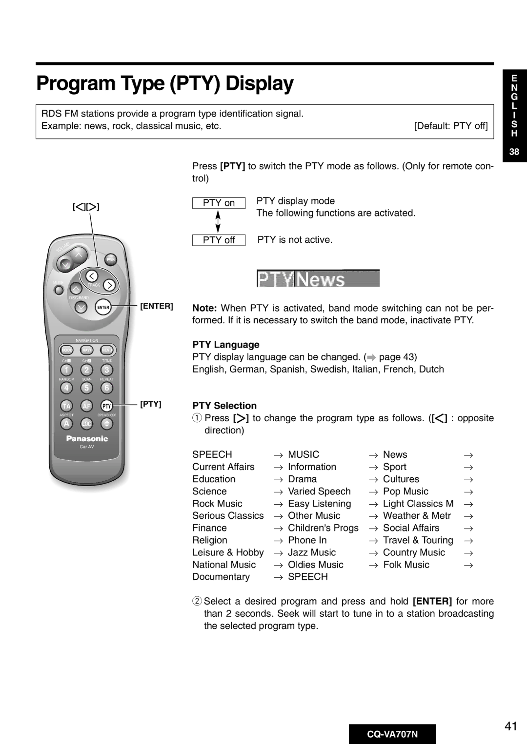 Panasonic CQ-VA707N operating instructions Program Type PTY Display, PTY Language, PTY Selection, Speech → Music, → Speech 