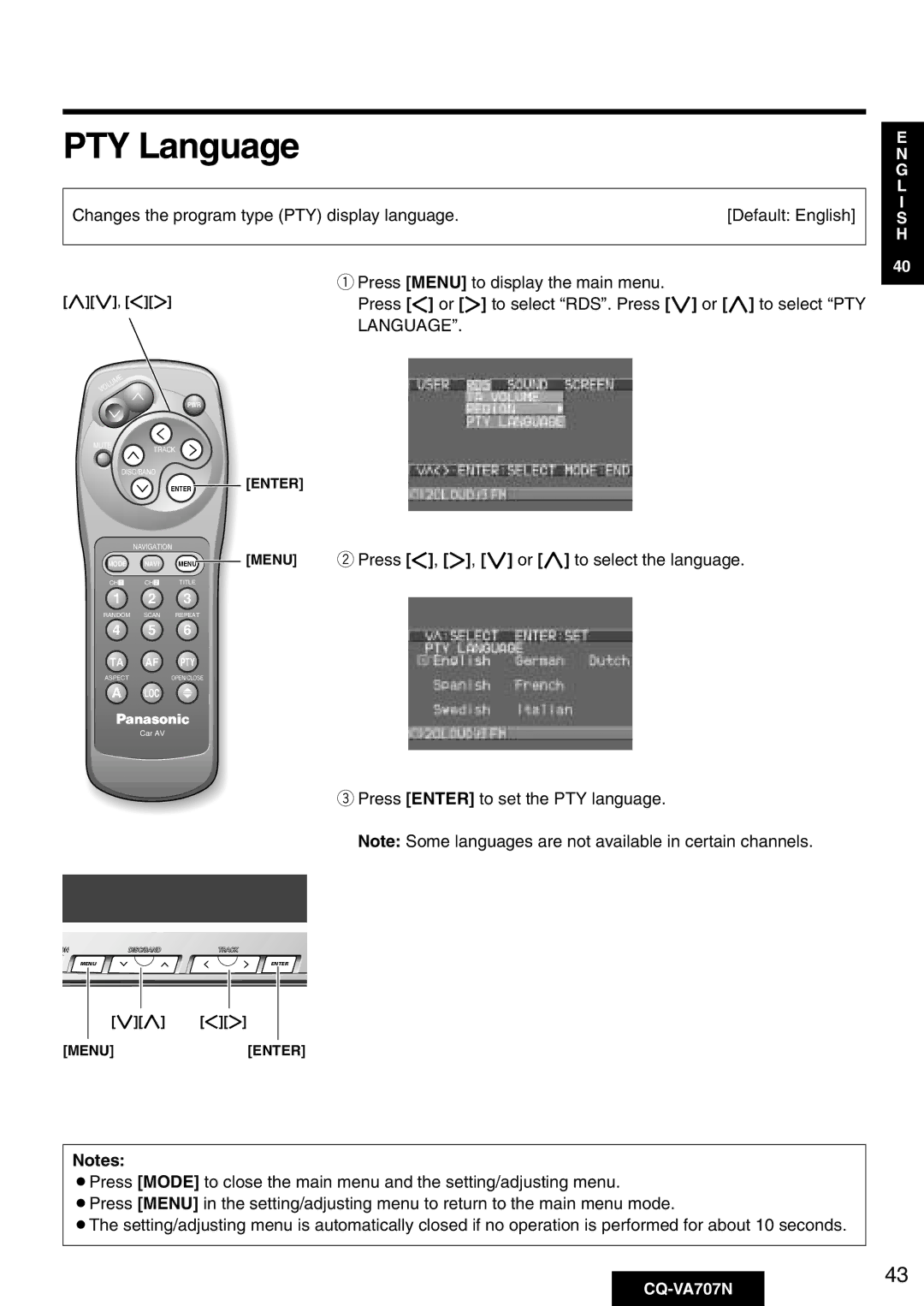 Panasonic CQ-VA707N operating instructions PTY Language, Press Enter to set the PTY language 