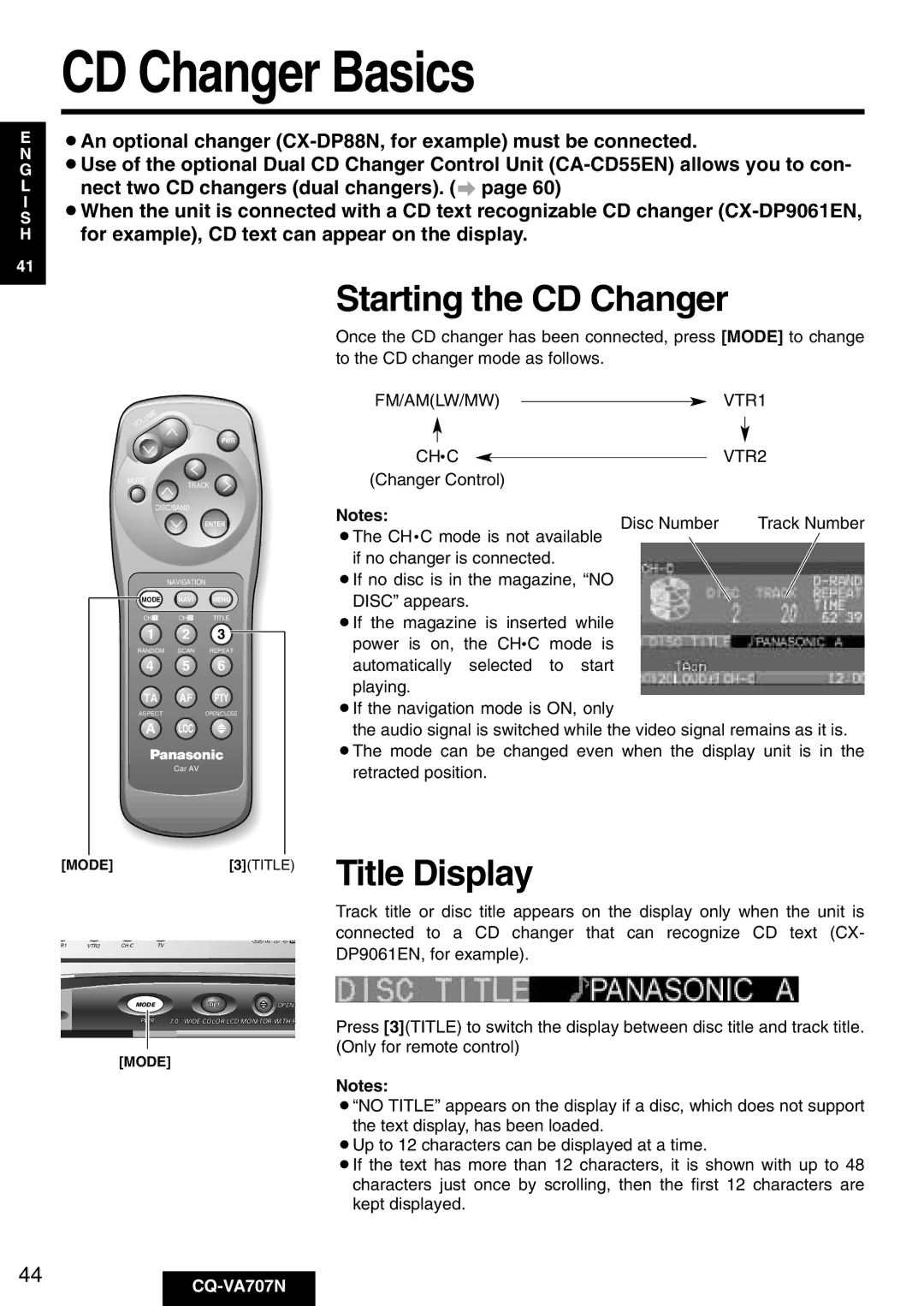 Panasonic CQ-VA707N CD Changer Basics, Starting the CD Changer, Title Display, Changer Control, Disc Number 