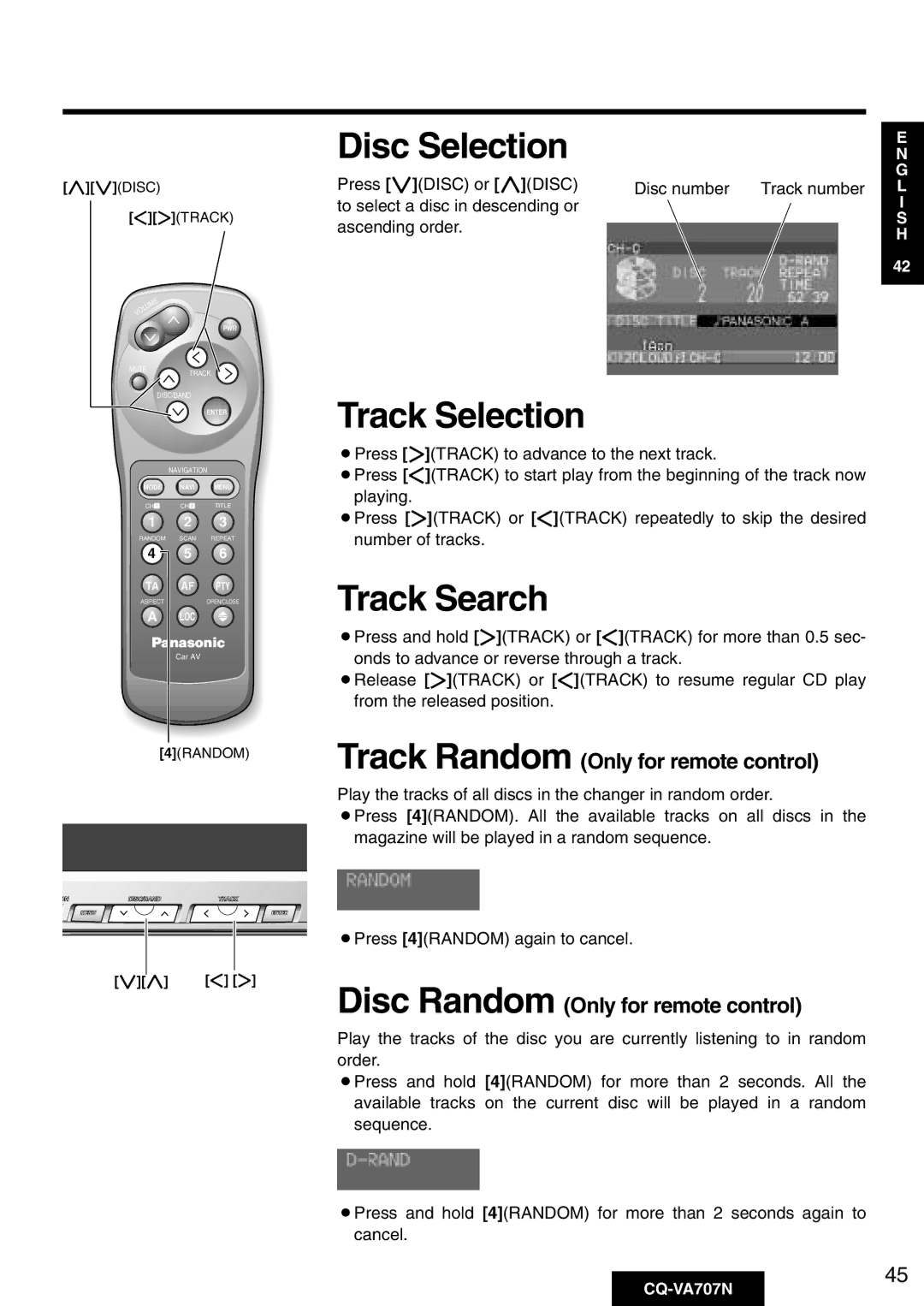 Panasonic CQ-VA707N operating instructions Track Selection, Track Search, Track Random Only for remote control 