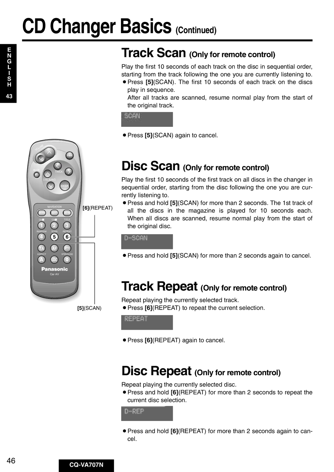 Panasonic CQ-VA707N operating instructions Track Scan Only for remote control, Disc Scan Only for remote control 