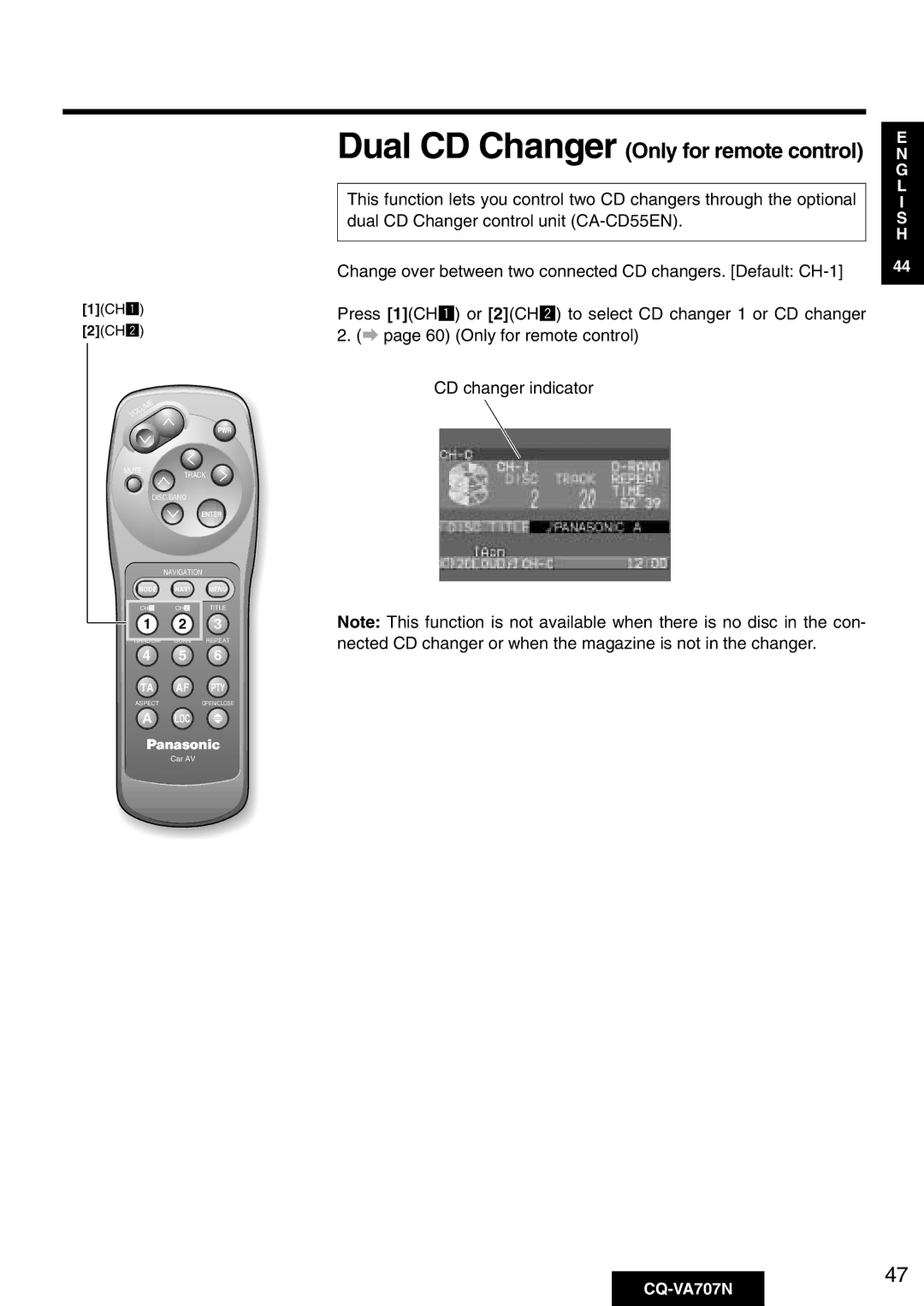 Panasonic CQ-VA707N operating instructions Dual CD Changer Only for remote control 