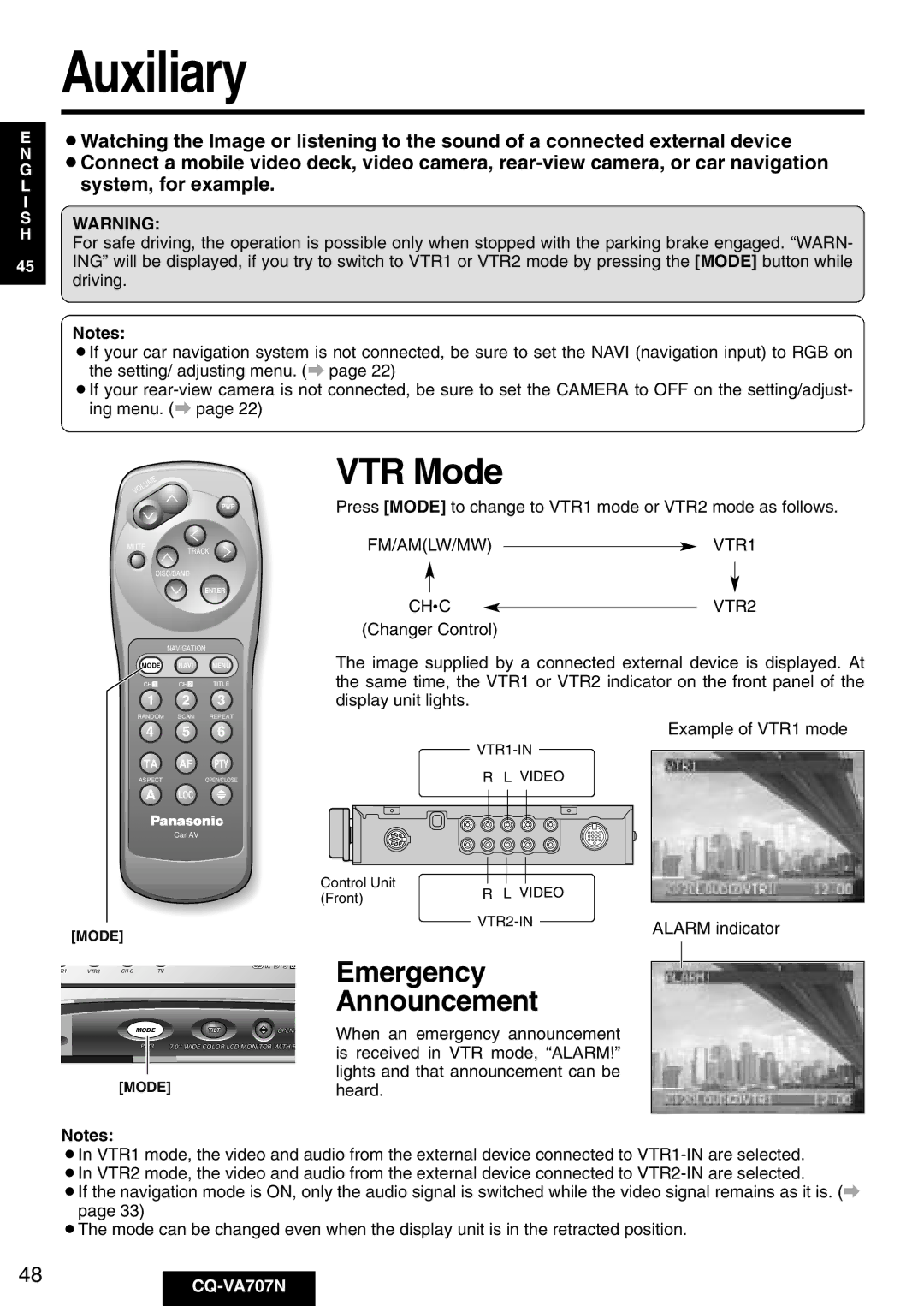 Panasonic CQ-VA707N Auxiliary, VTR Mode, Emergency Announcement, Press Mode to change to VTR1 mode or VTR2 mode as follows 