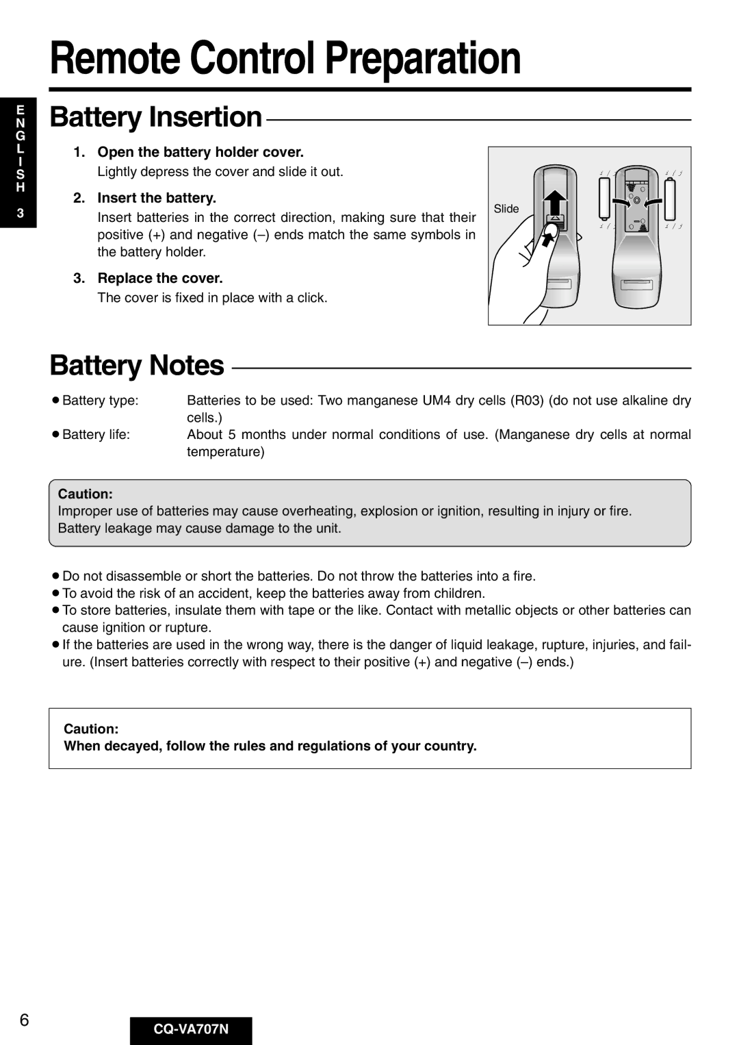 Panasonic CQ-VA707N Remote Control Preparation, Battery Insertion, Battery Notes, Insert the battery, Replace the cover 