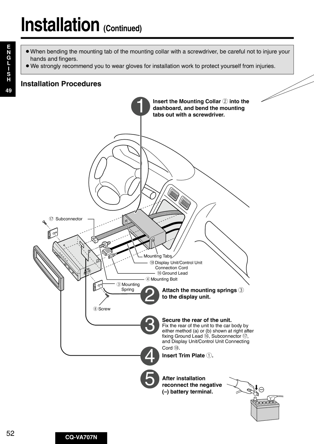 Panasonic CQ-VA707N operating instructions Installation Procedures, Secure the rear of the unit 