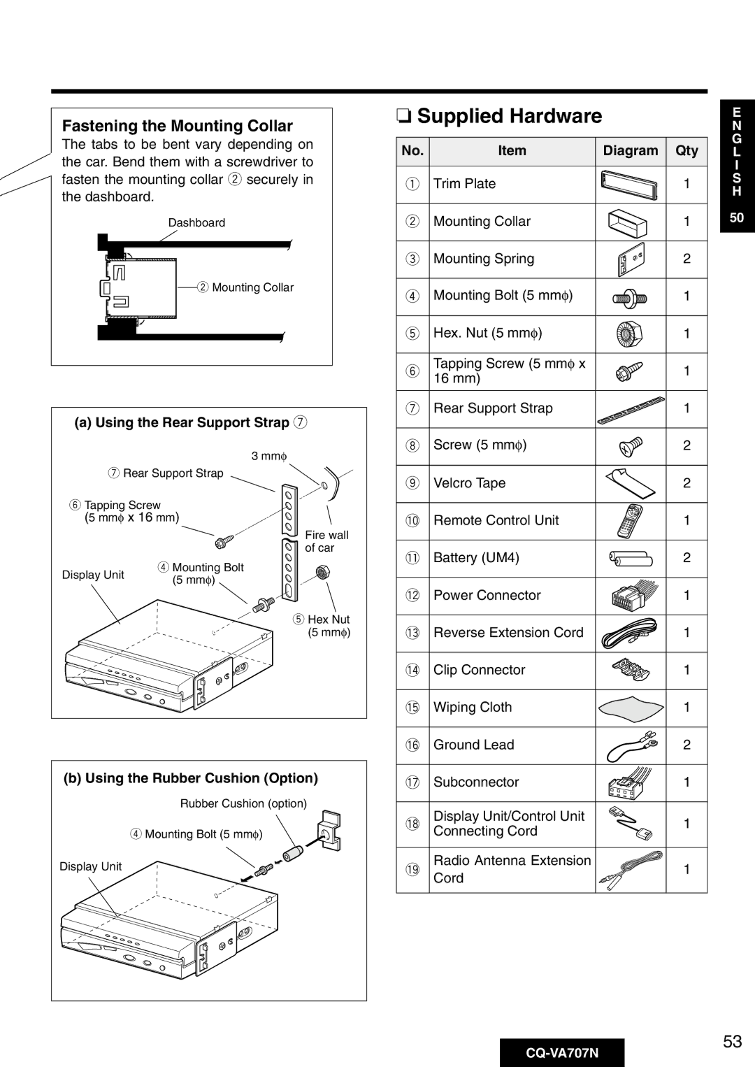 Panasonic CQ-VA707N operating instructions Using the Rear Support Strap u, Diagram Qty 