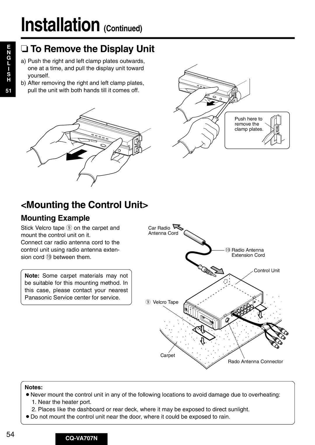 Panasonic CQ-VA707N operating instructions Mounting the Control Unit, Mounting Example 