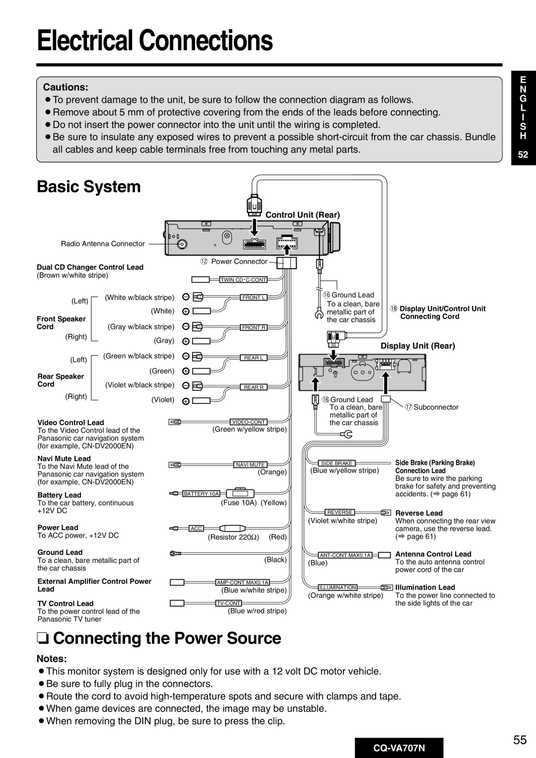 Panasonic CQ-VA707N operating instructions Basic System, Connecting the Power Source 