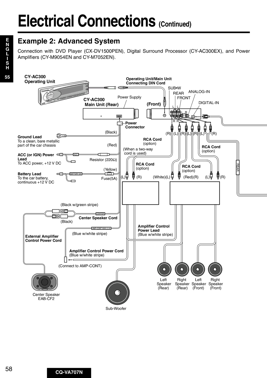 Panasonic CQ-VA707N Electrical Connections, Example 2 Advanced System, Amplifiers CY-M9054EN and CY-M7052EN 