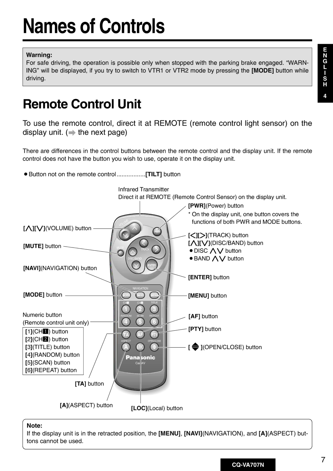 Panasonic CQ-VA707N operating instructions Names of Controls, Remote Control Unit 