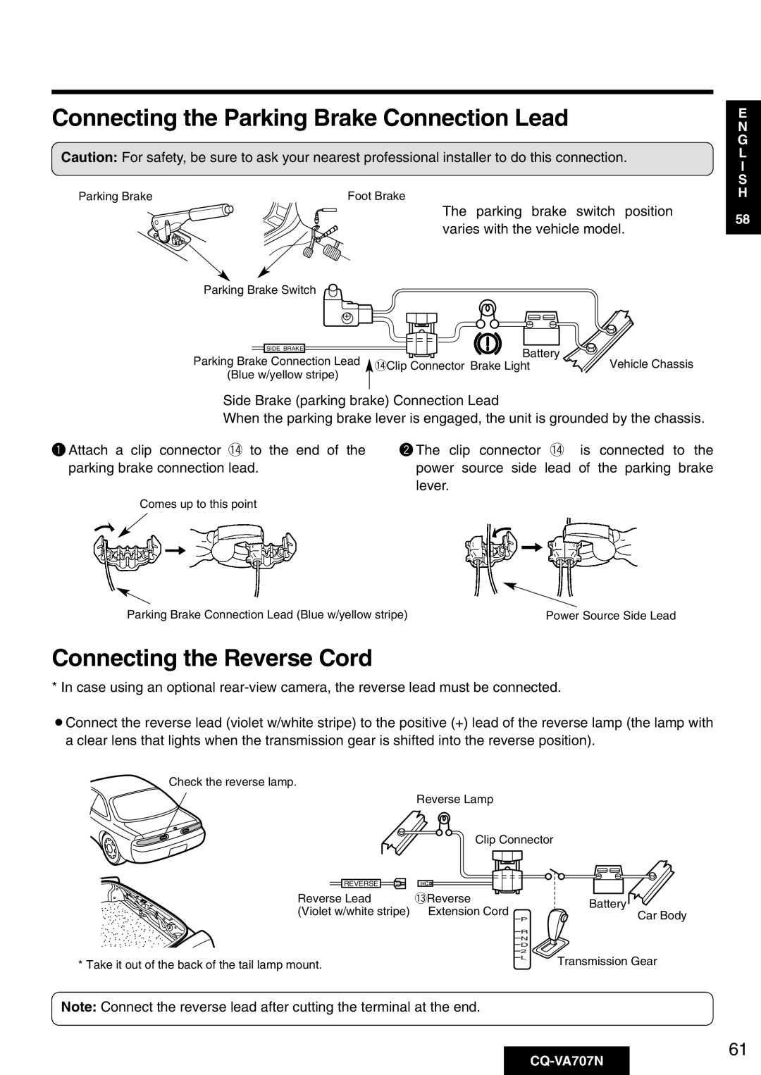 Panasonic CQ-VA707N operating instructions Connecting the Parking Brake Connection Lead, Connecting the Reverse Cord 