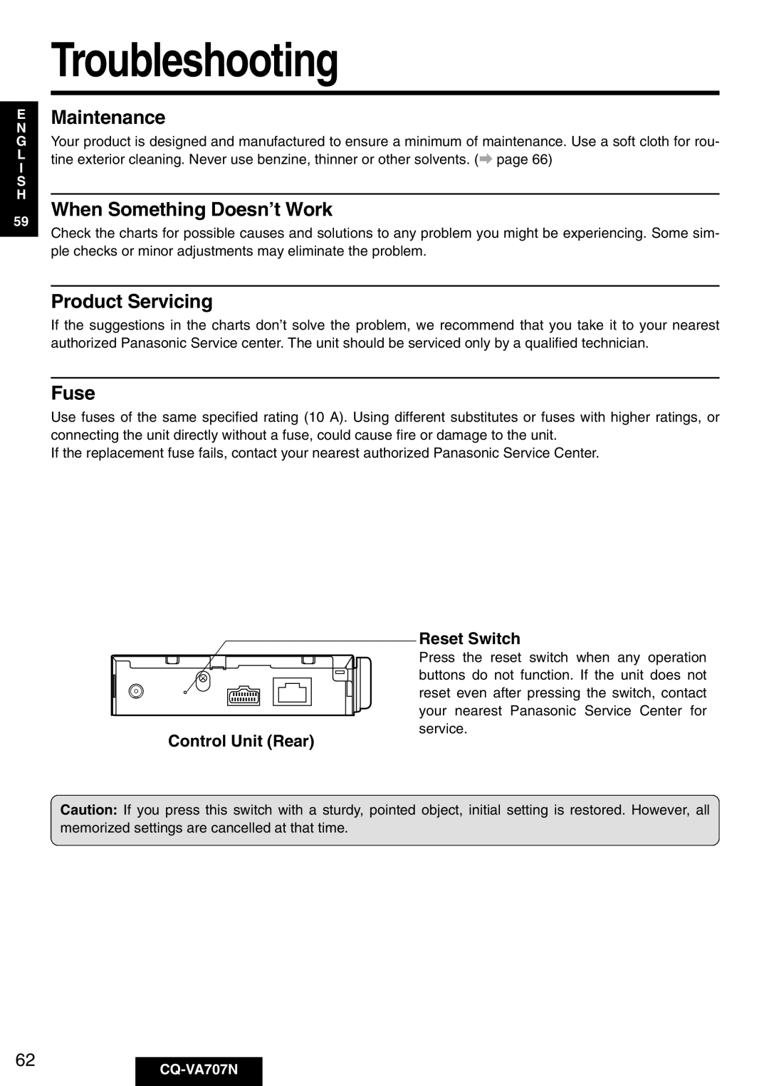 Panasonic CQ-VA707N operating instructions Troubleshooting, Maintenance 